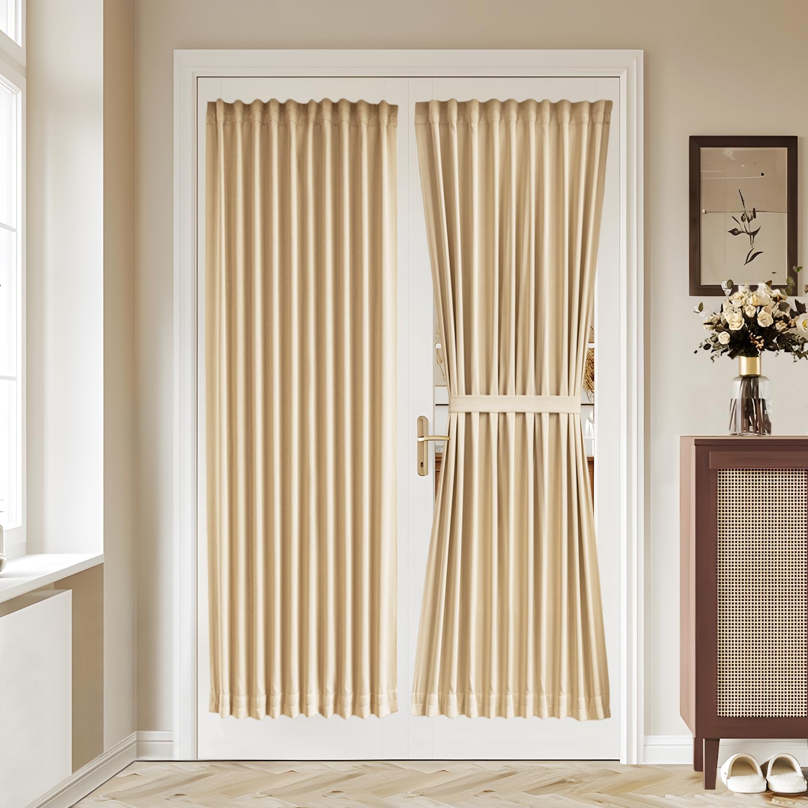 Vatge Self-Adhesive French Door Curtains - Rodless No Drill Light Filtering Window Treatment for Sliding Glass Doors, 1 Panel, W25 x L72, Greyish White