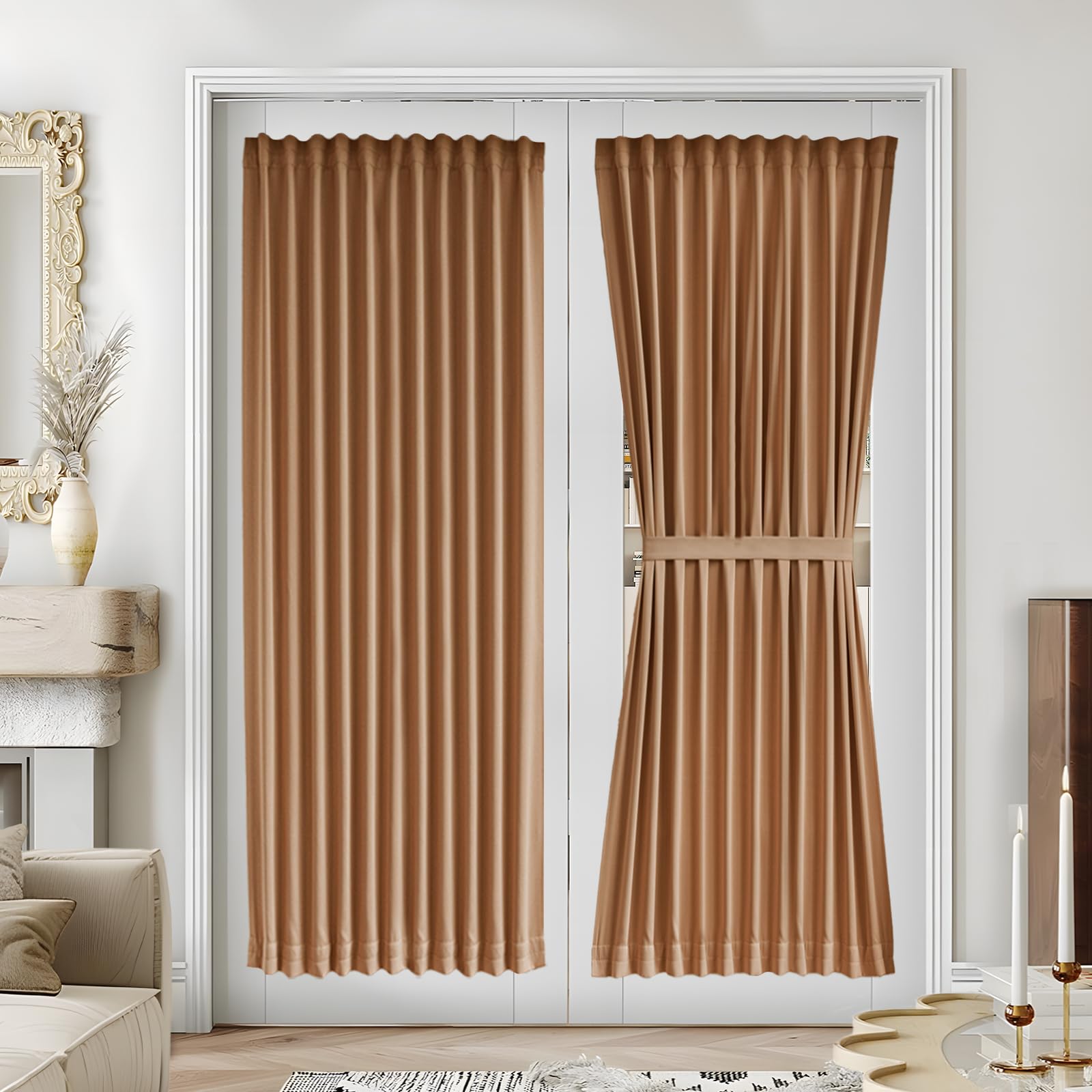 Vatge Self-Adhesive French Door Curtains - Rodless No Drill Light Filtering Window Treatment for Sliding Glass Doors, 1 Panel, W25 x L72, Greyish White