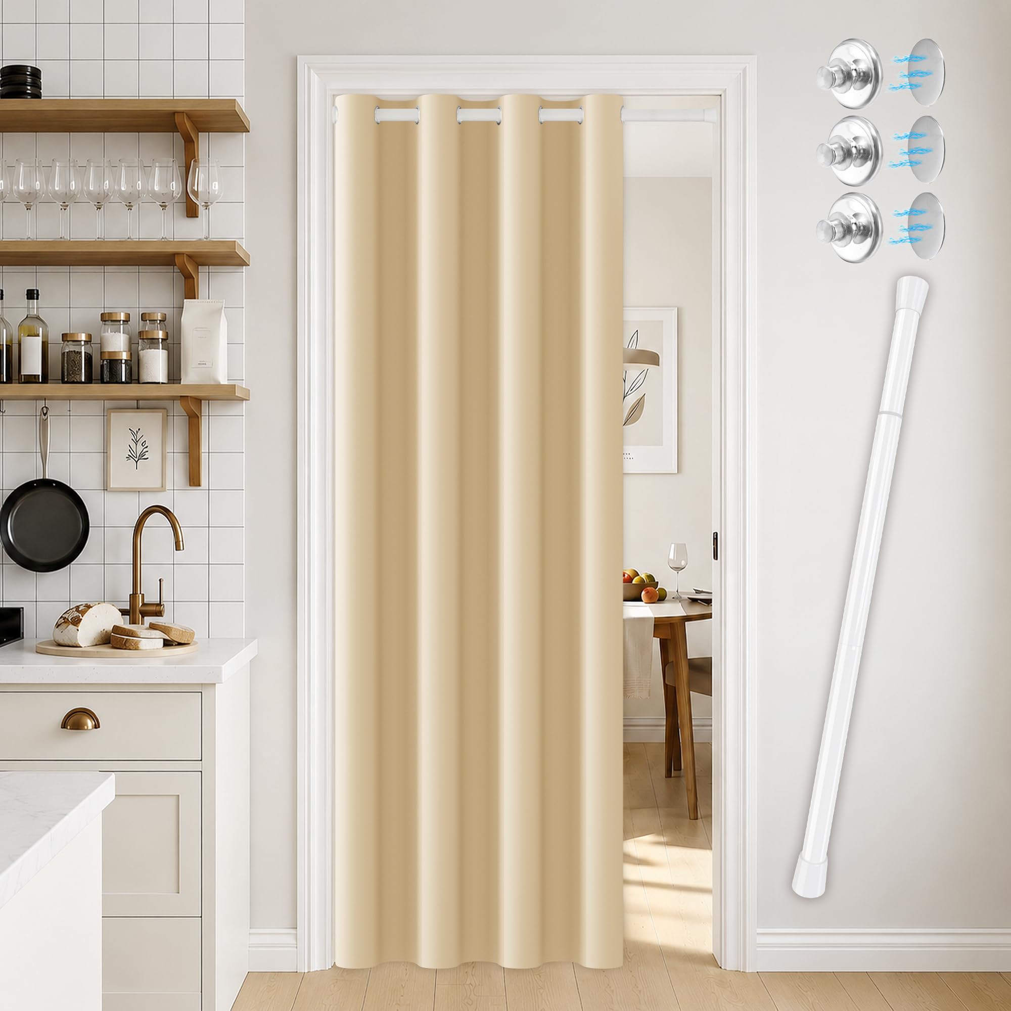 Vatge Magnetic Closet Curtain with Rod - W42 x L80, 1 Panel, Gray, Room Darkening Privacy Doorway Curtains for Open Bedroom, Temporary Door for Hallway