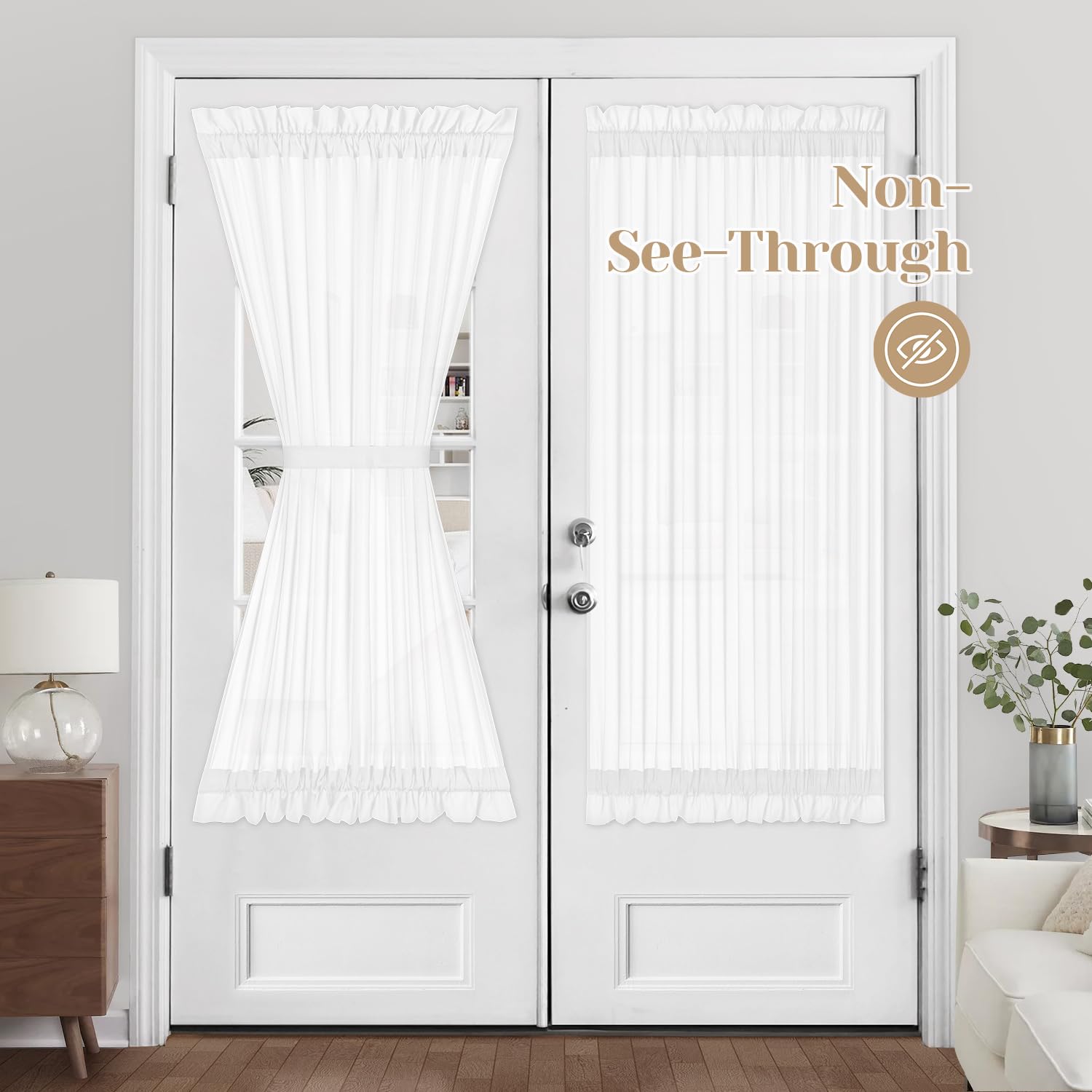 HOMEIDEAS Non-See-Through French Door Curtains Set of 2 for Front Door, Light Filtering Privacy Semi Sheer Window Curtains with Rod Pocket and Tie Back, Beige/Taupe, 26W X 72L Inch