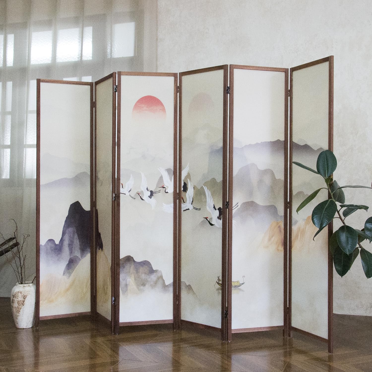 4 Panel Room Divider, 5.6 ft Tall Blackout Folding Privacy Screen - Freestanding Partition Wall with Double-Sided Patterns, Graceful Floral and Bird Artwork for Home Office (67" H x 63" W)