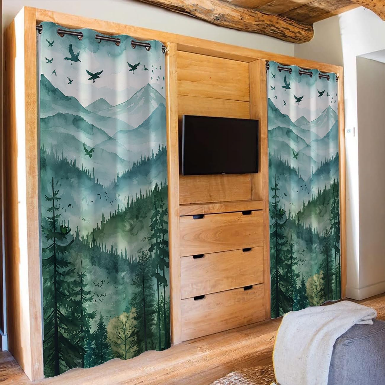 Mountains Forest Door Curtain for Doorway Privacy, Watercolor Landscape Tree Green Room Divider Curtain for Privacy Bedroom Doorway Living Room, 1 Panel 34" W X 80" L