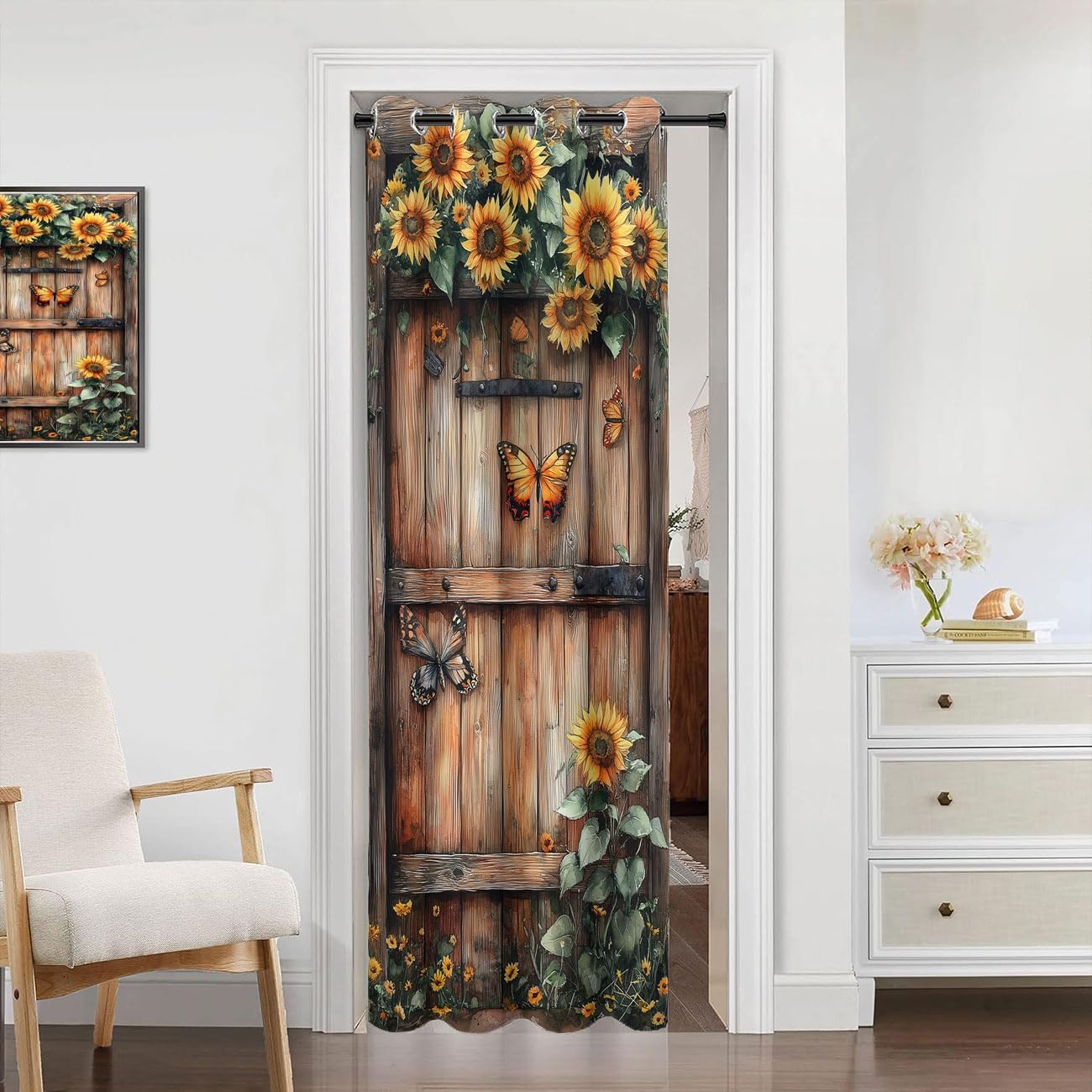 Wooden Barn Door Door Curtain for Doorway Privacy Sunflower Flowers Butterfly Country Closet Door Cover Curtain for Darkening Door Drape for Kid Teens Boys Teens, 1 Panel 34" W X 80" L