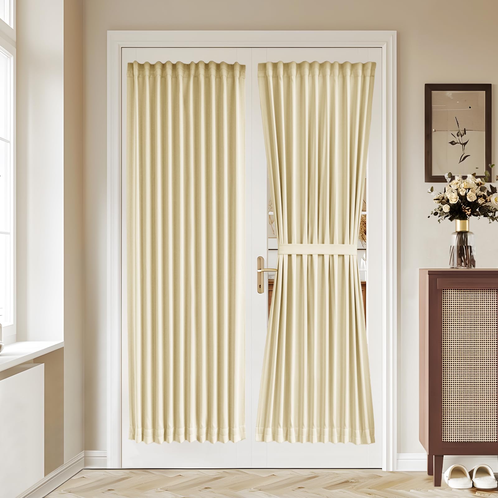 Vatge Self-Adhesive French Door Curtains - Rodless No Drill Light Filtering Window Treatment for Sliding Glass Doors, 1 Panel, W25 x L72, Greyish White