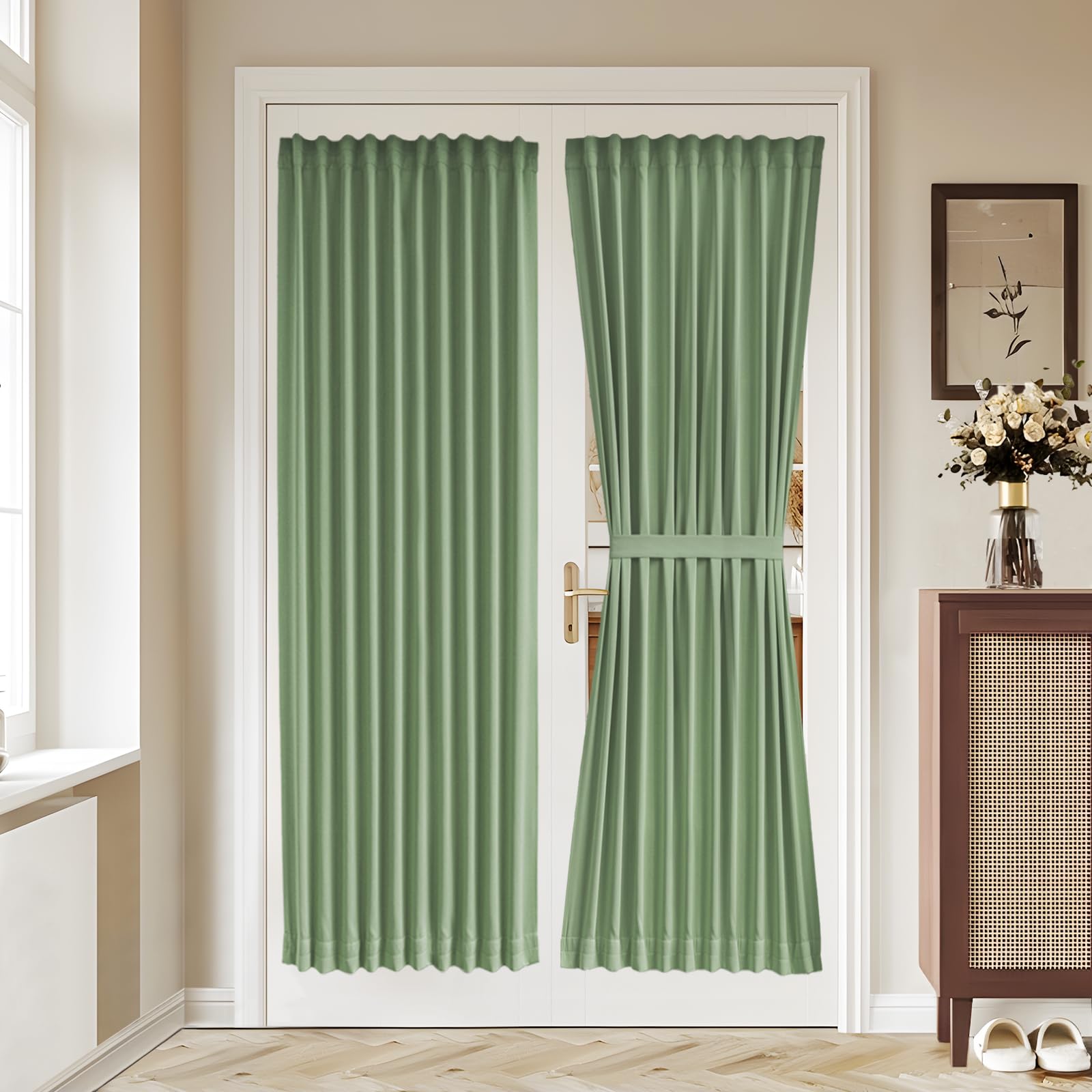 Vatge Self-Adhesive French Door Curtains - Rodless No Drill Light Filtering Window Treatment for Sliding Glass Doors, 1 Panel, W25 x L72, Greyish White