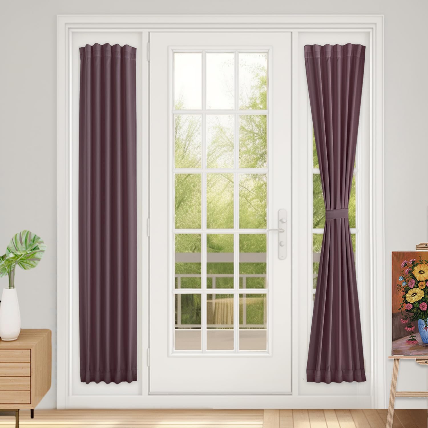 Vatge Self-Adhesive French Door Curtains - Rodless No Drill Light Filtering Window Treatment for Sliding Glass Doors, 1 Panel, W25 x L72, Greyish White