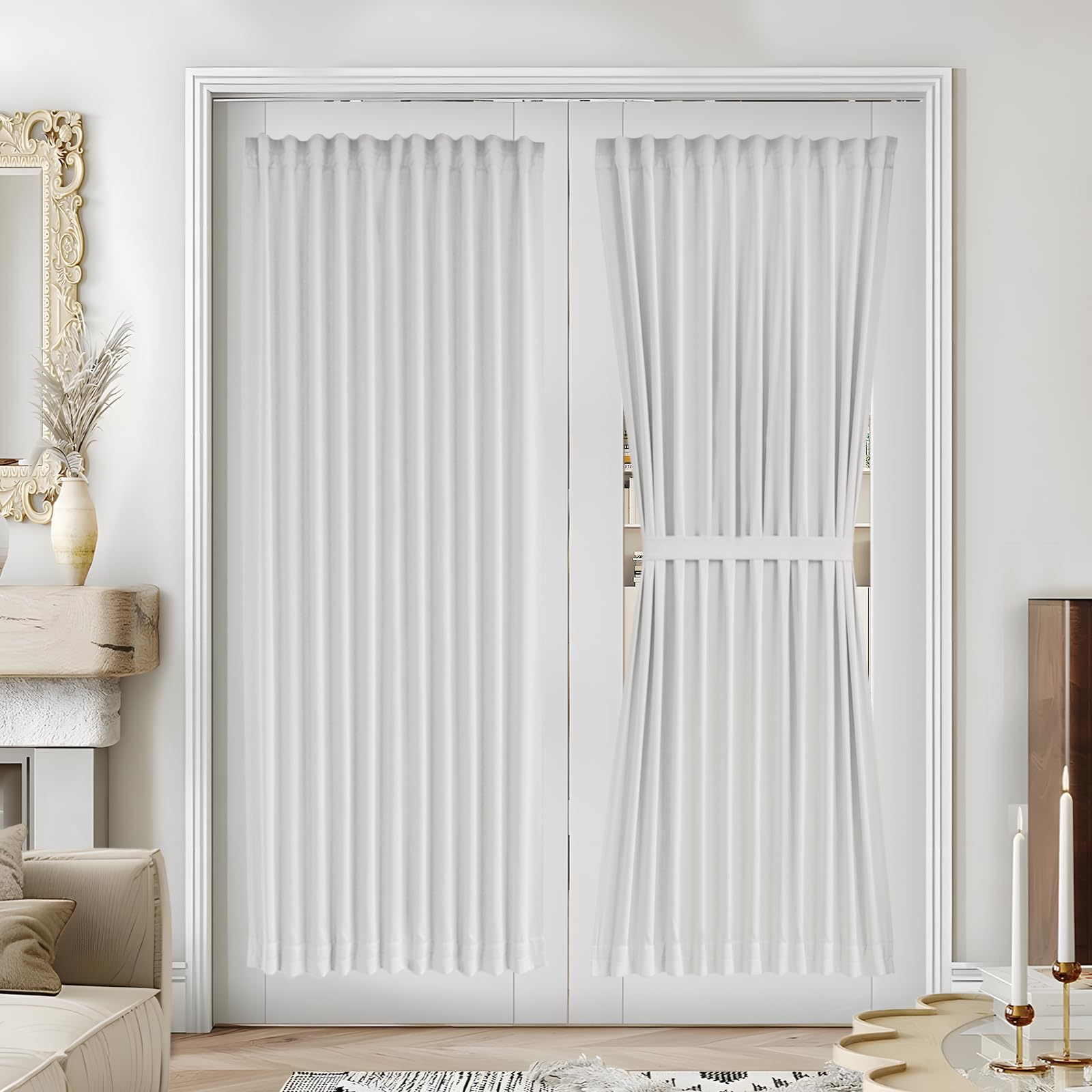 Vatge Self-Adhesive French Door Curtains - Rodless No Drill Light Filtering Window Treatment for Sliding Glass Doors, 1 Panel, W25 x L72, Greyish White