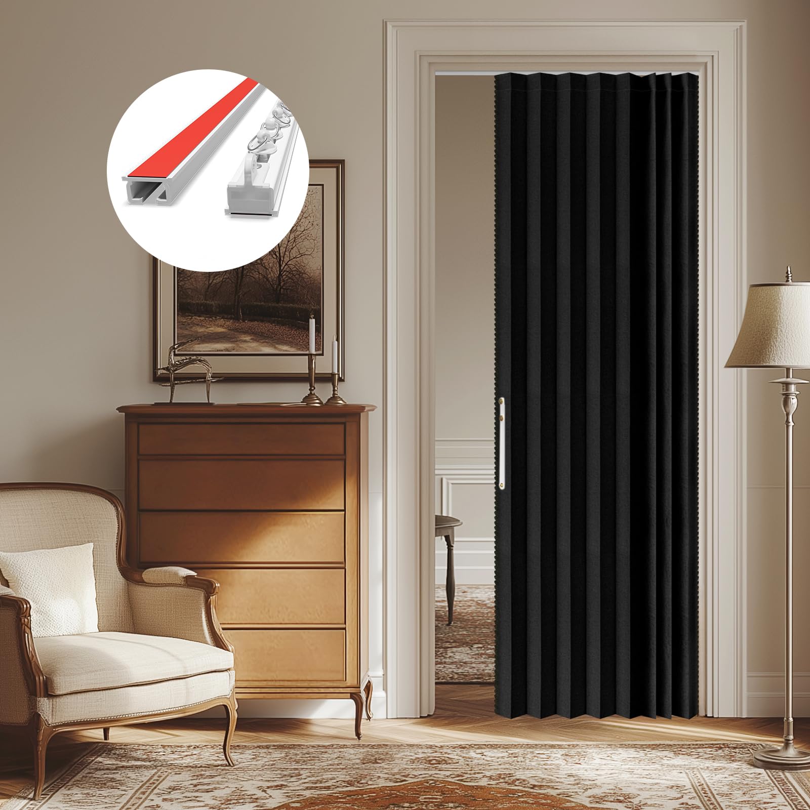 AJAZZ 100% Blackout Accordion Door Front Door Curtain Invisible Folding Doors Interior for Bedroom Living Room Doorway Curtain Sets Included Tracks (1Panel, 53W x 79 L, Black)