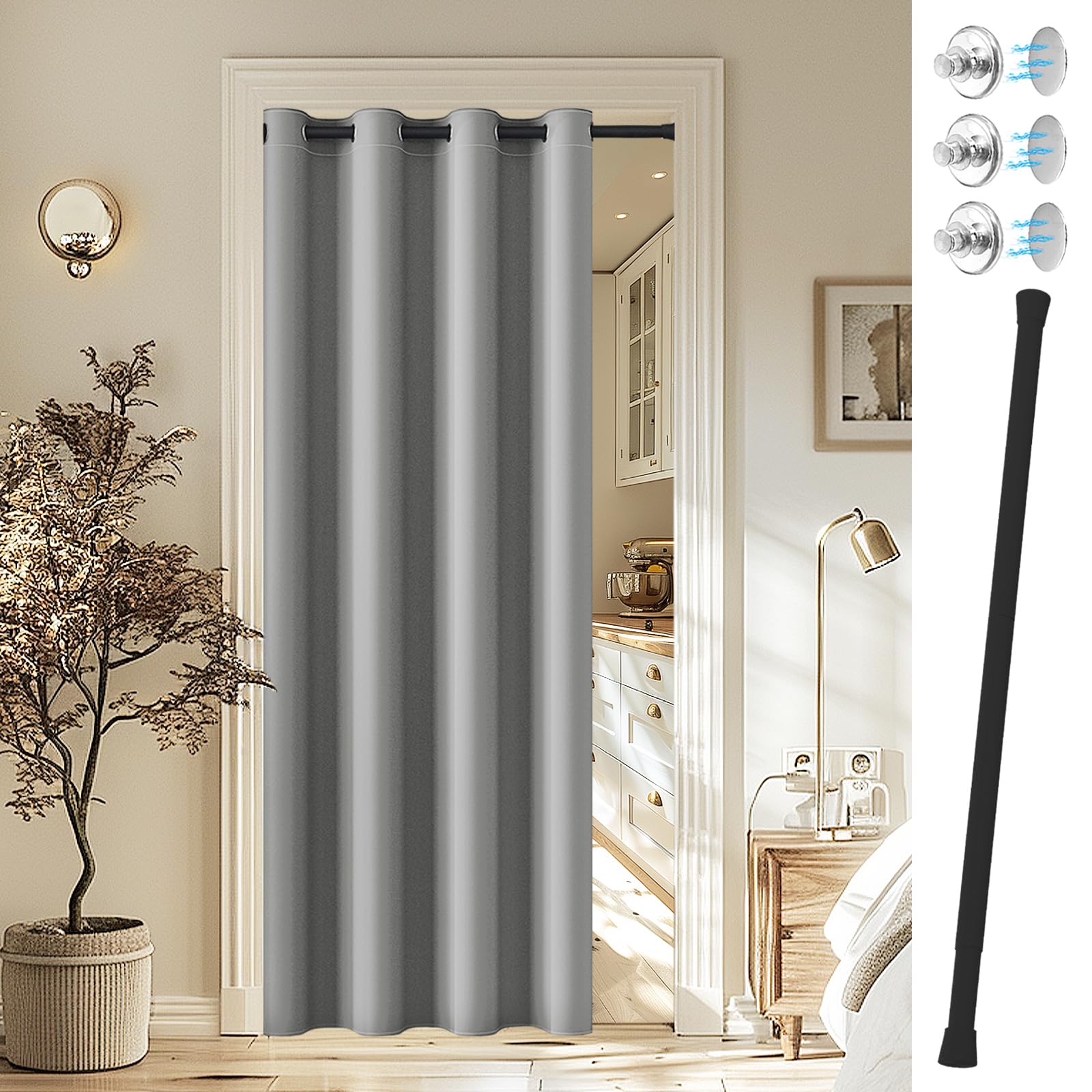 Vatge Magnetic Closet Curtain with Rod - W42 x L80, 1 Panel, Gray, Room Darkening Privacy Doorway Curtains for Open Bedroom, Temporary Door for Hallway