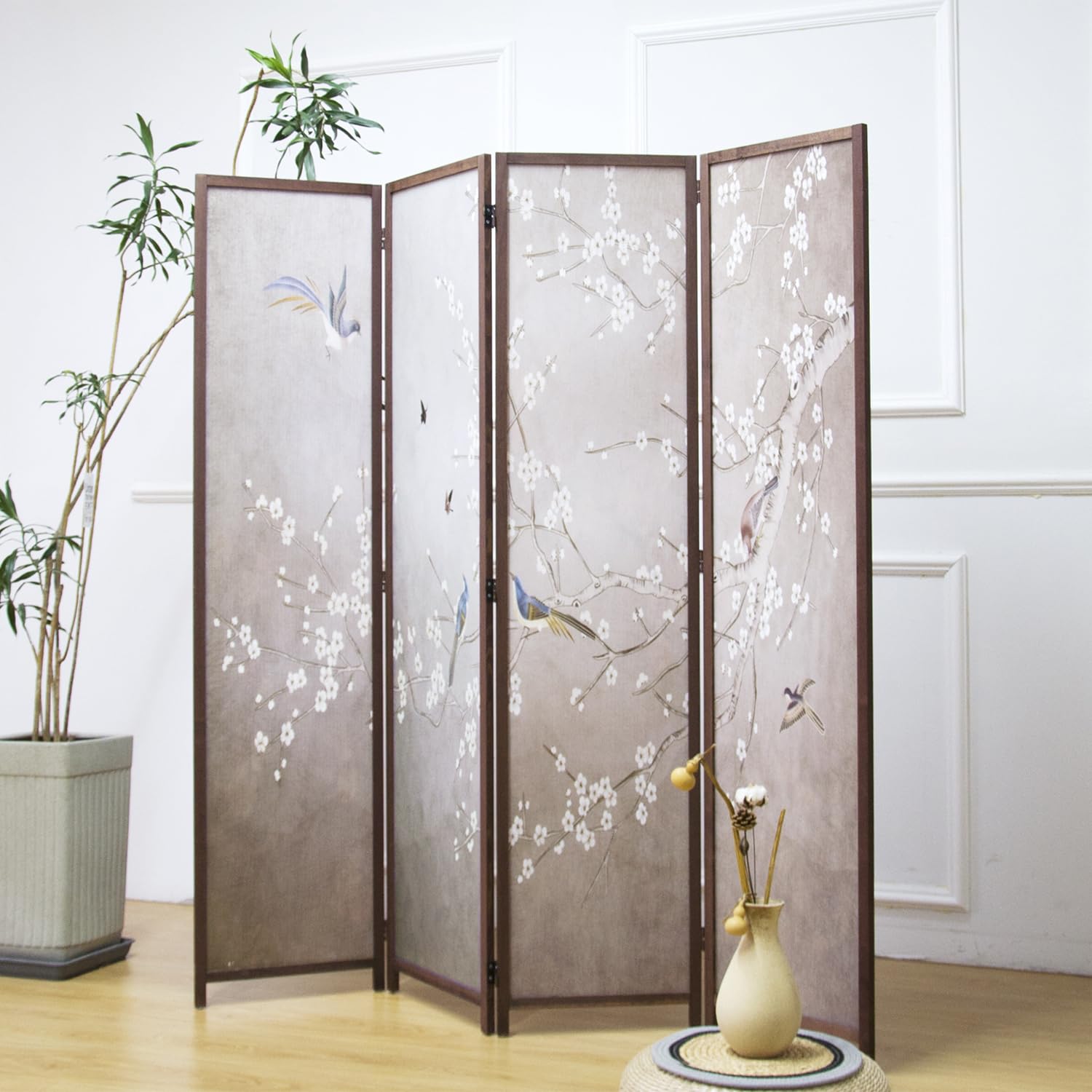 4 Panel Room Divider, 5.6 ft Tall Blackout Folding Privacy Screen - Freestanding Partition Wall with Double-Sided Patterns, Graceful Floral and Bird Artwork for Home Office (67" H x 63" W)