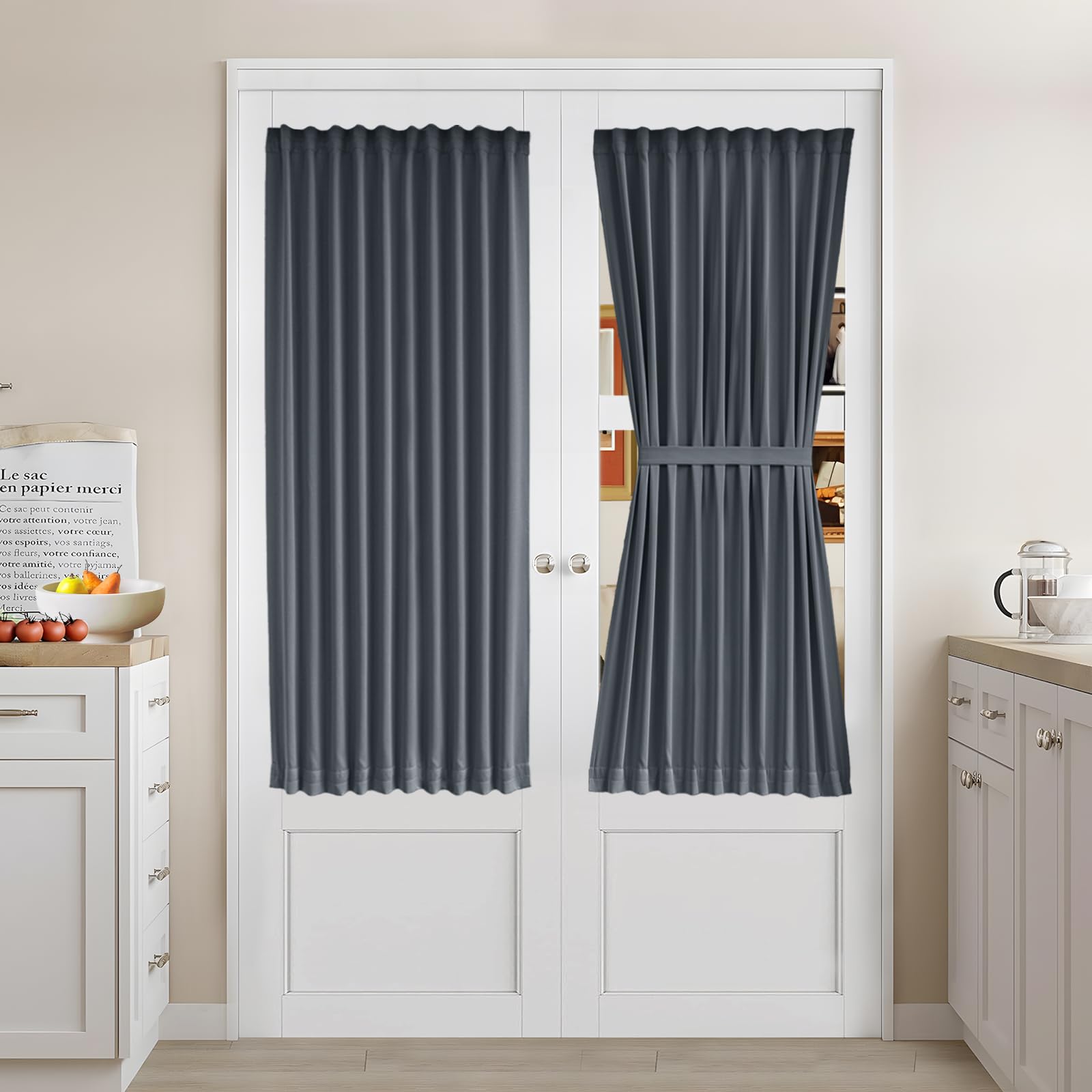 Vatge Self-Adhesive French Door Curtains - Rodless No Drill Light Filtering Window Treatment for Sliding Glass Doors, 1 Panel, W25 x L72, Greyish White
