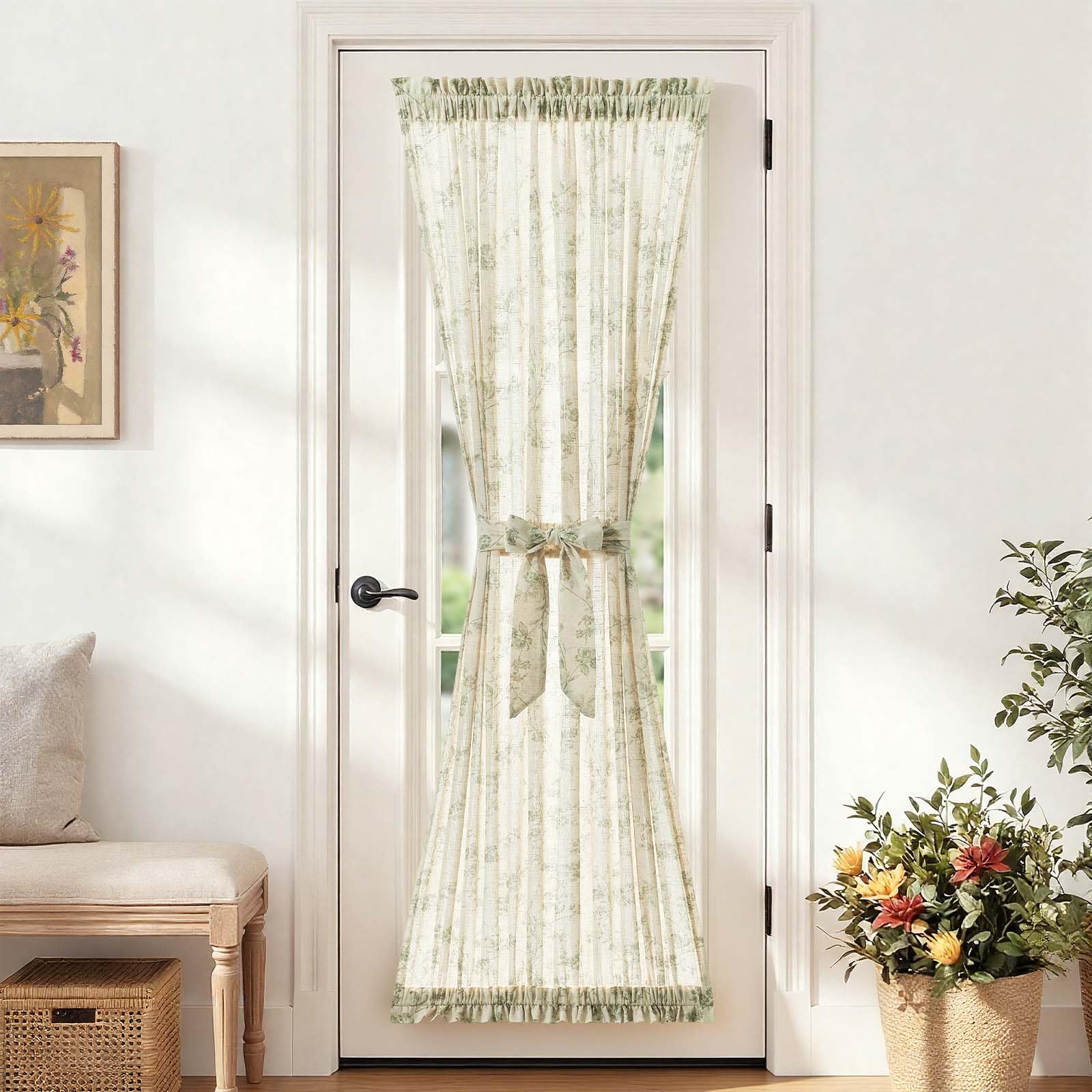 jinchan Floral French Door Curtain Panel Farmhouse Decor Light Filtering Linen with Tie Up Bow for Glass Door or Patio 72 Inch Length Rod Pocket 1 Panel Blue on Linen