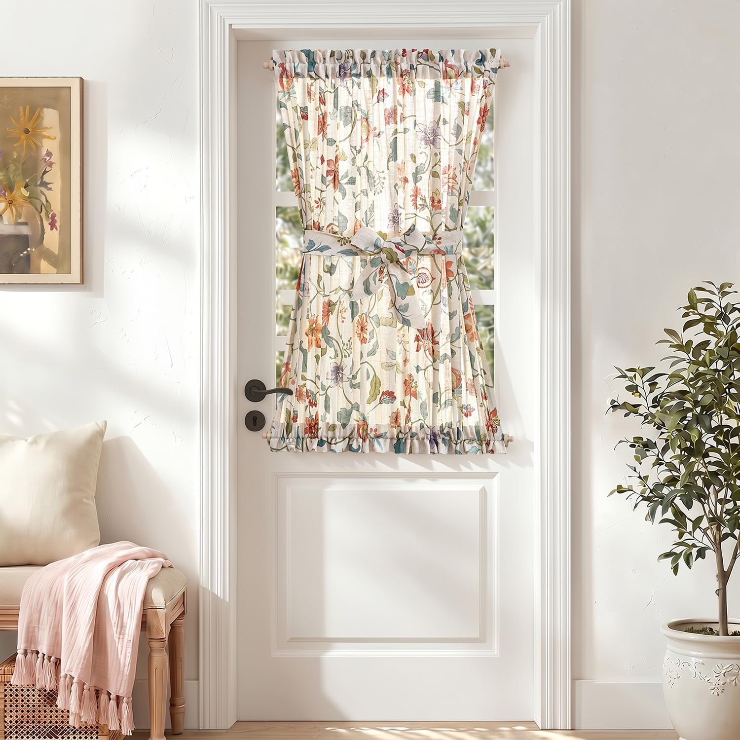 jinchan Floral French Door Curtain Panel Farmhouse Decor Light Filtering Linen with Tie Up Bow for Glass Door or Patio 72 Inch Length Rod Pocket 1 Panel Blue on Linen
