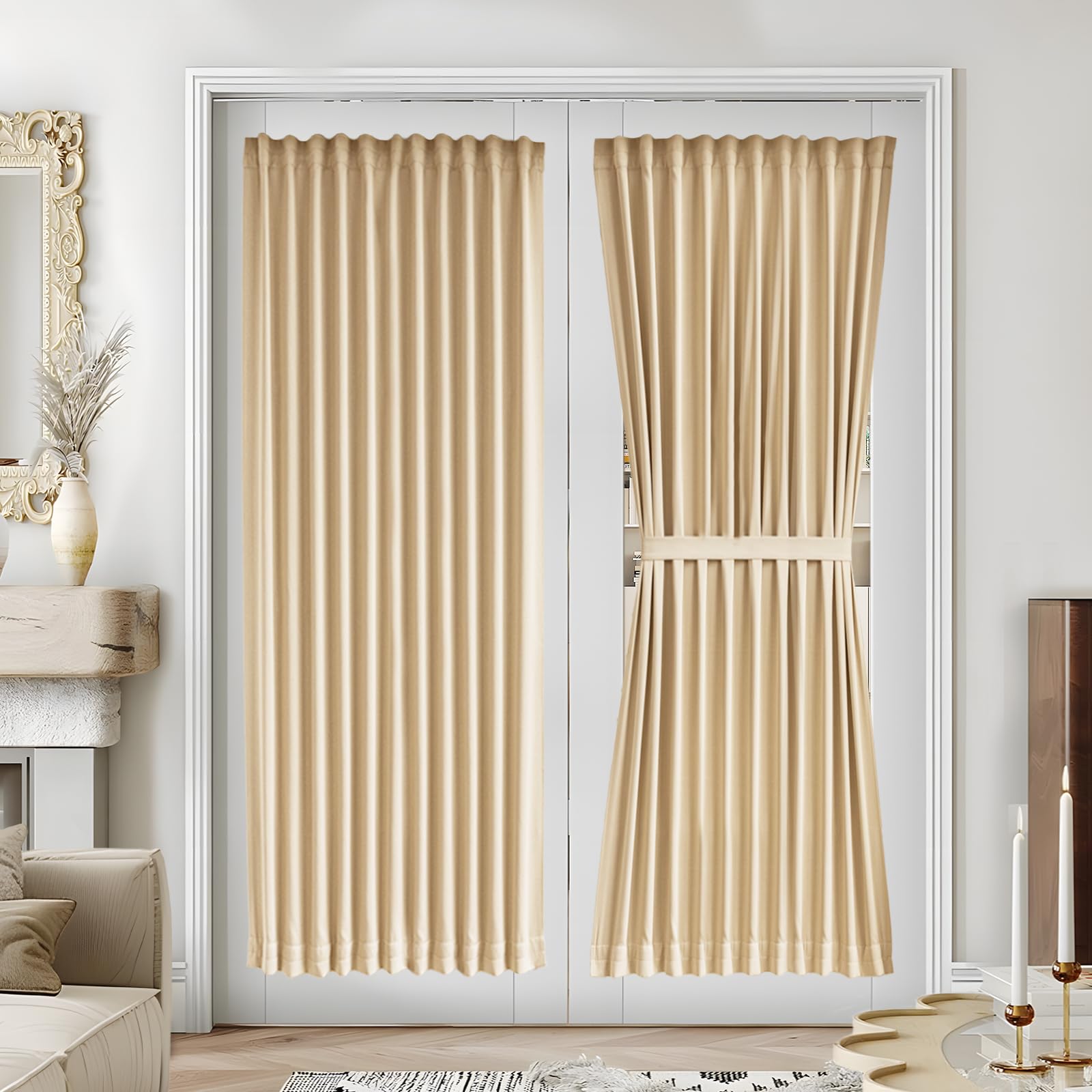 Vatge Self-Adhesive French Door Curtains - Rodless No Drill Light Filtering Window Treatment for Sliding Glass Doors, 1 Panel, W25 x L72, Greyish White