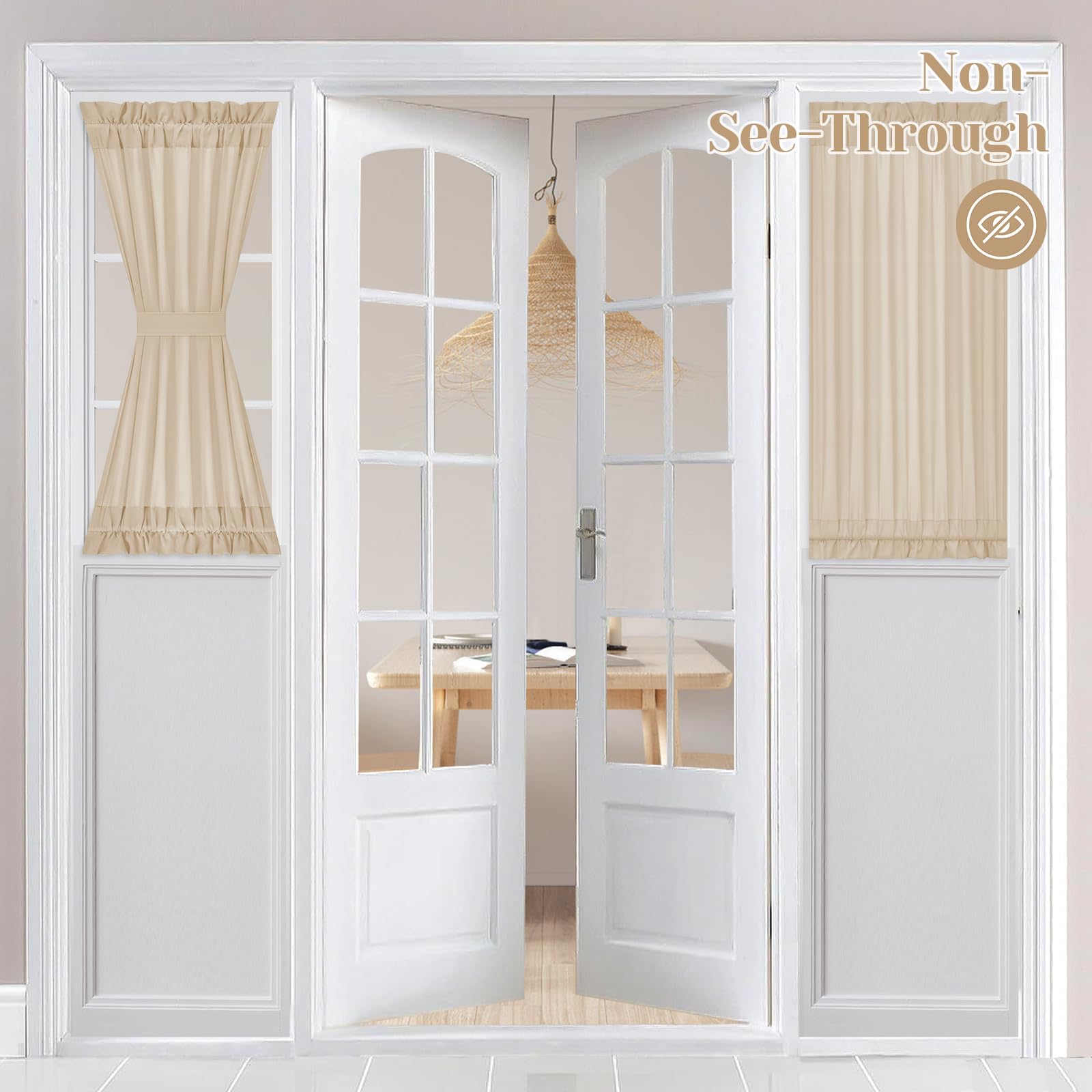 HOMEIDEAS Non-See-Through French Door Curtains Set of 2 for Front Door, Light Filtering Privacy Semi Sheer Window Curtains with Rod Pocket and Tie Back, Beige/Taupe, 26W X 72L Inch