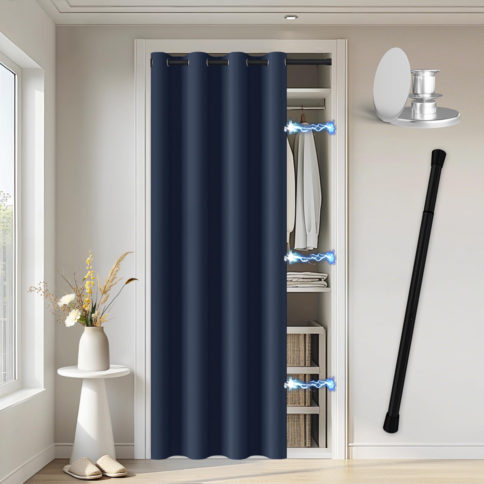 Vatge Magnetic Closet Curtain with Rod - W42 x L80, 1 Panel, Gray, Room Darkening Privacy Doorway Curtains for Open Bedroom, Temporary Door for Hallway