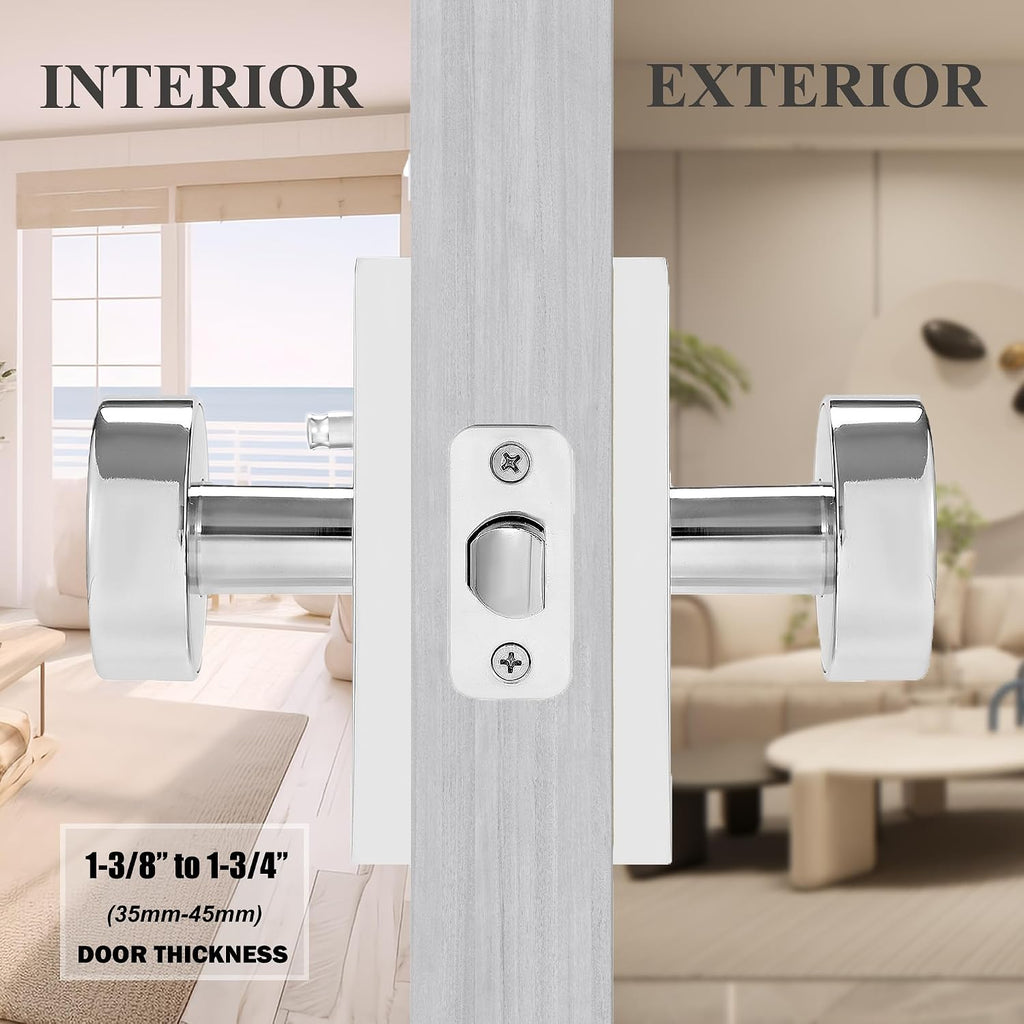 Polished Chrome Door Knobs Interior with Lock, Modern Privacy Door Knob Door Handles for Bathroom Bedroom Round