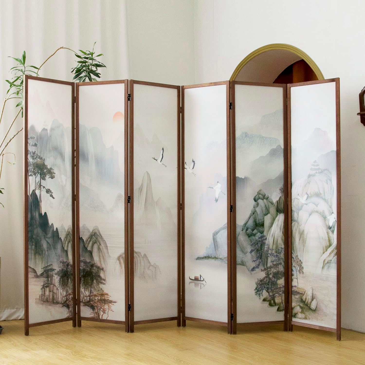 4 Panel Room Divider, 5.6 ft Tall Blackout Folding Privacy Screen - Freestanding Partition Wall with Double-Sided Patterns, Graceful Floral and Bird Artwork for Home Office (67" H x 63" W)
