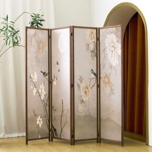 4 Panel Room Divider, 5.6 ft Tall Blackout Folding Privacy Screen - Freestanding Partition Wall with Double-Sided Patterns, Graceful Floral and Bird Artwork for Home Office (67" H x 63" W)