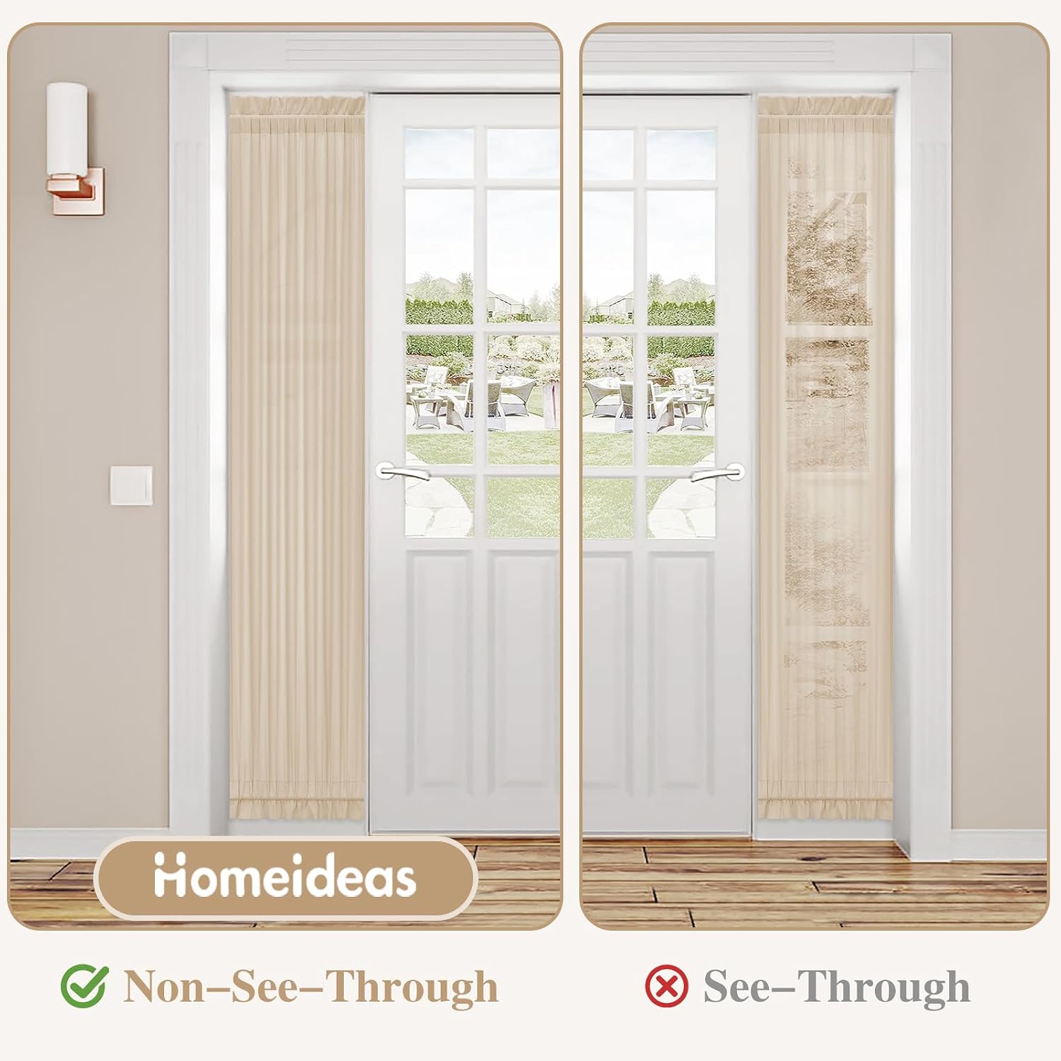HOMEIDEAS Non-See-Through French Door Curtains Set of 2 for Front Door, Light Filtering Privacy Semi Sheer Window Curtains with Rod Pocket and Tie Back, Beige/Taupe, 26W X 72L Inch