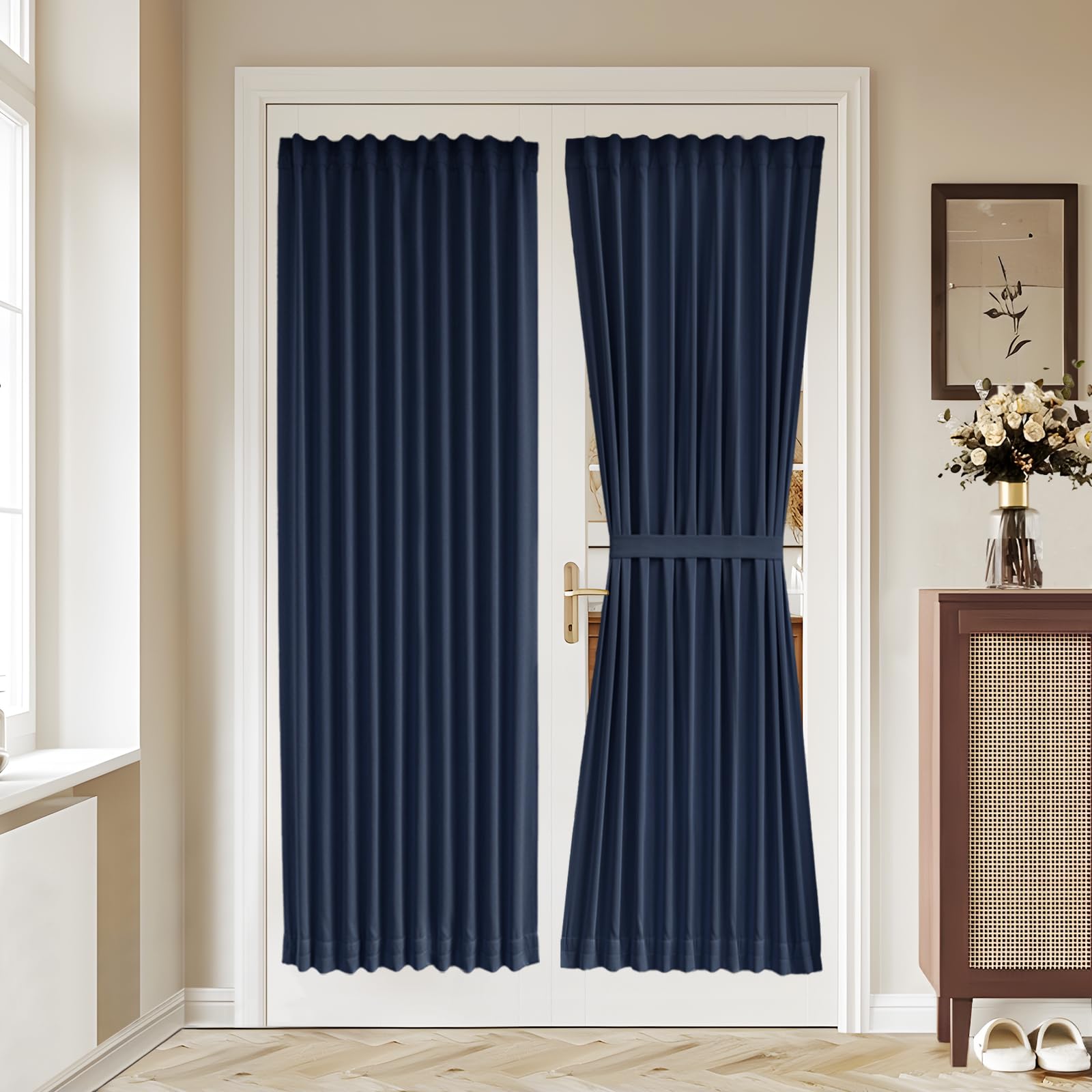 Vatge Self-Adhesive French Door Curtains - Rodless No Drill Light Filtering Window Treatment for Sliding Glass Doors, 1 Panel, W25 x L72, Greyish White