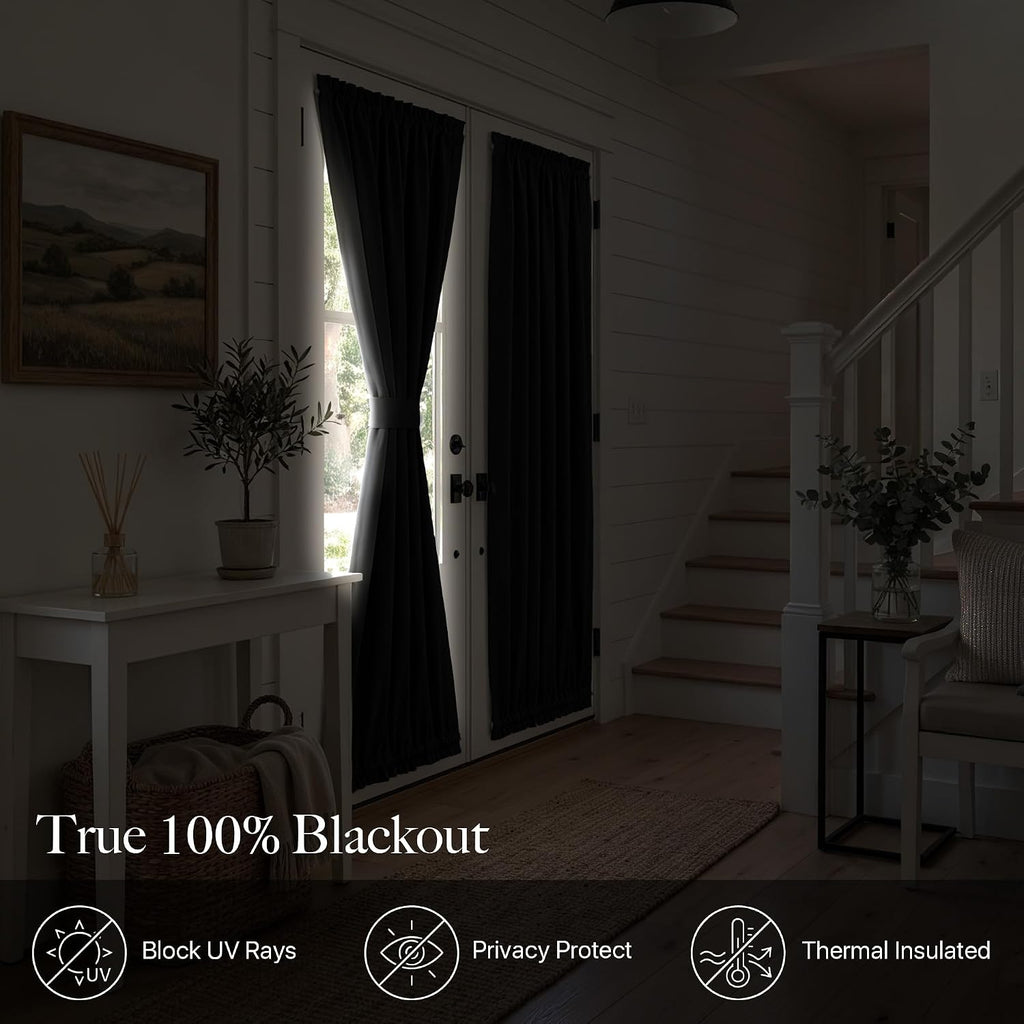RYB HOME 100% Blackout French Door Curtain for Door Window with Dual Rod Pocket No Coating - Privacy Assured Thermal Insulated Room Darkening Drapes for Sidelight Window, W 26 x L 72, 1 Panel, Black