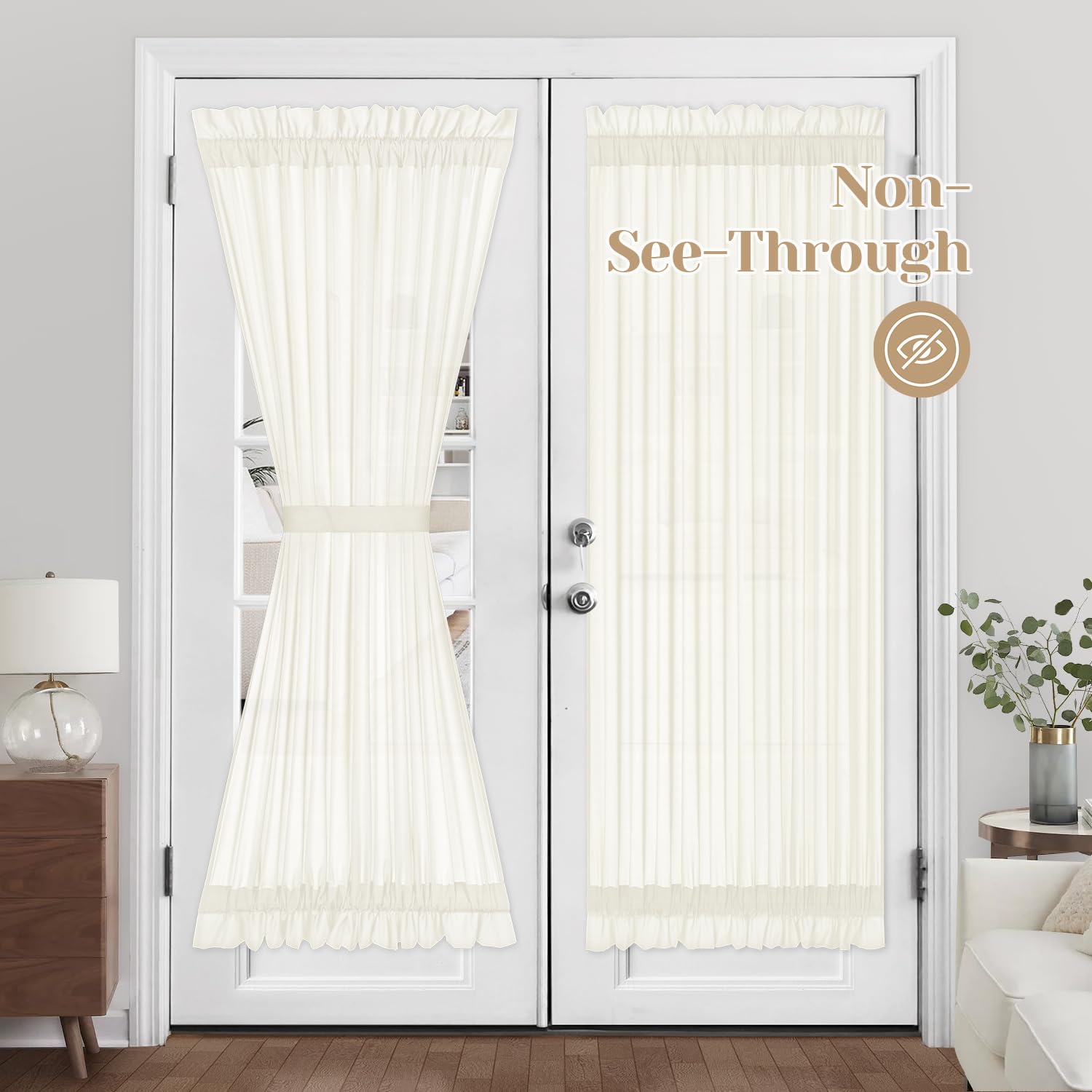 HOMEIDEAS Non-See-Through French Door Curtains Set of 2 for Front Door, Light Filtering Privacy Semi Sheer Window Curtains with Rod Pocket and Tie Back, Beige/Taupe, 26W X 72L Inch