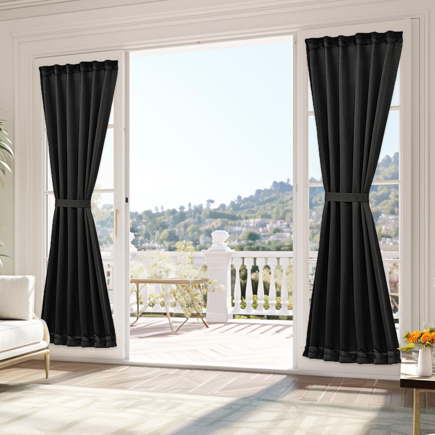 Vatge Self-Adhesive French Door Curtains - Rodless No Drill Light Filtering Window Treatment for Sliding Glass Doors, 1 Panel, W25 x L72, Greyish White