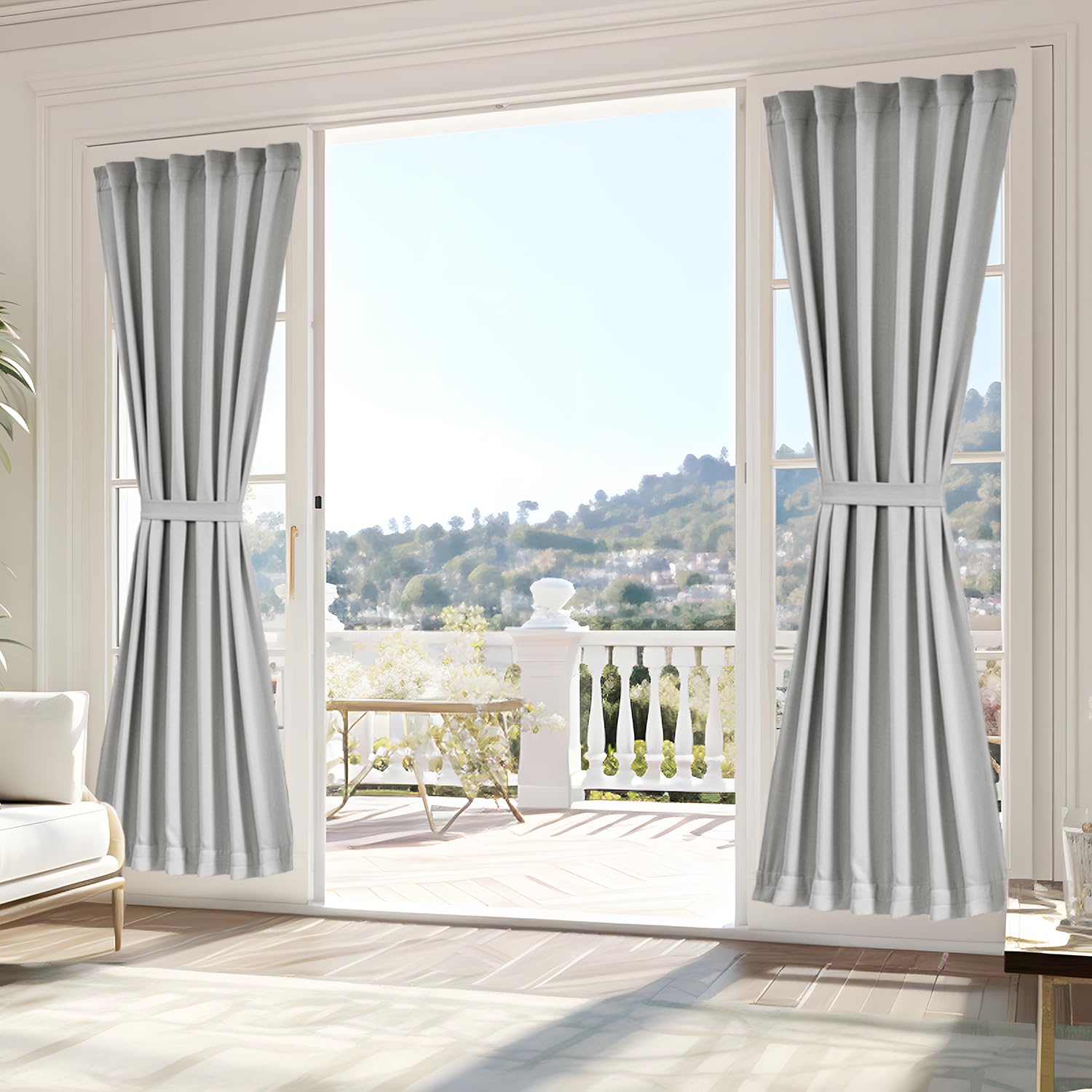 Vatge Self-Adhesive French Door Curtains - Rodless No Drill Light Filtering Window Treatment for Sliding Glass Doors, 1 Panel, W25 x L72, Greyish White