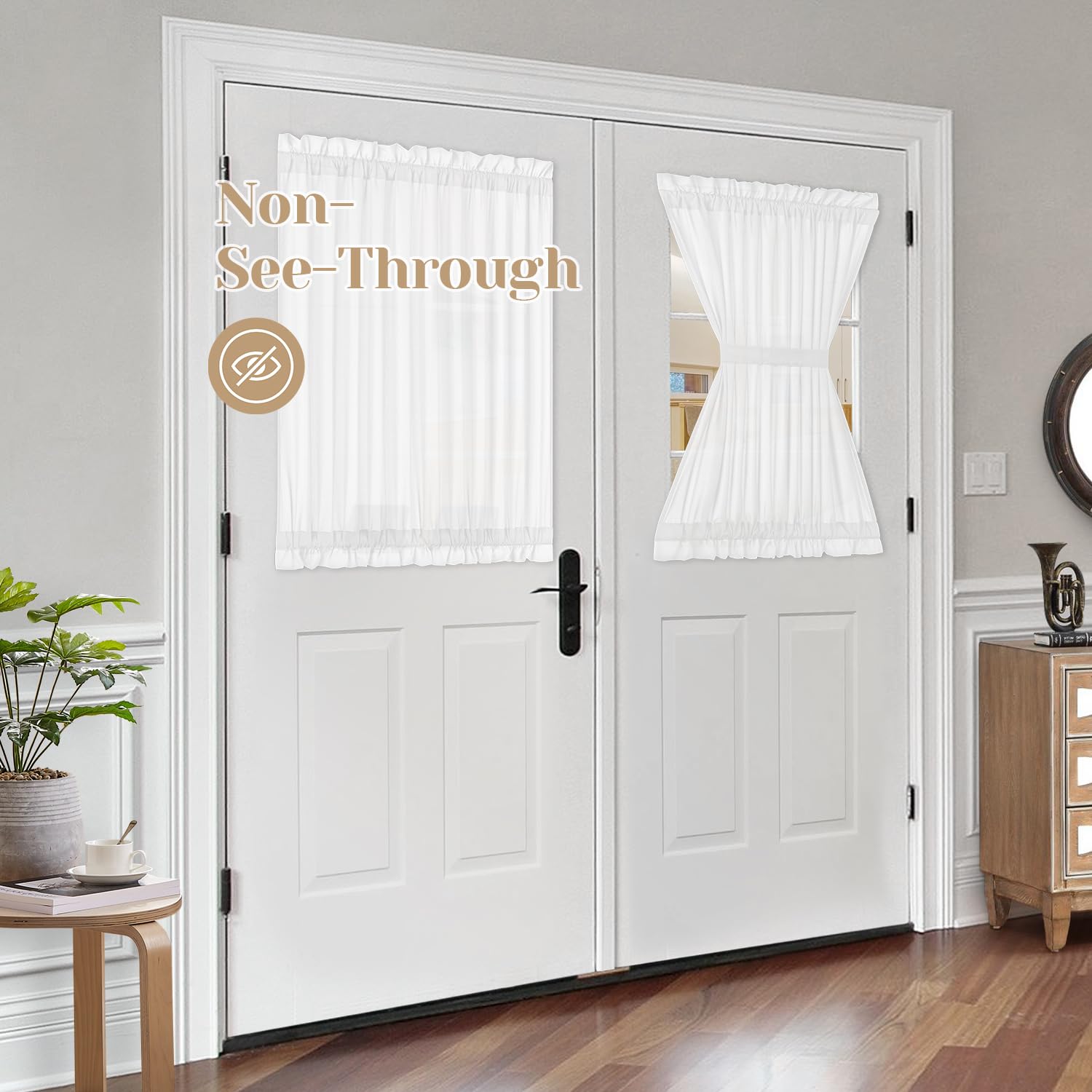 HOMEIDEAS Non-See-Through French Door Curtains Set of 2 for Front Door, Light Filtering Privacy Semi Sheer Window Curtains with Rod Pocket and Tie Back, Beige/Taupe, 26W X 72L Inch