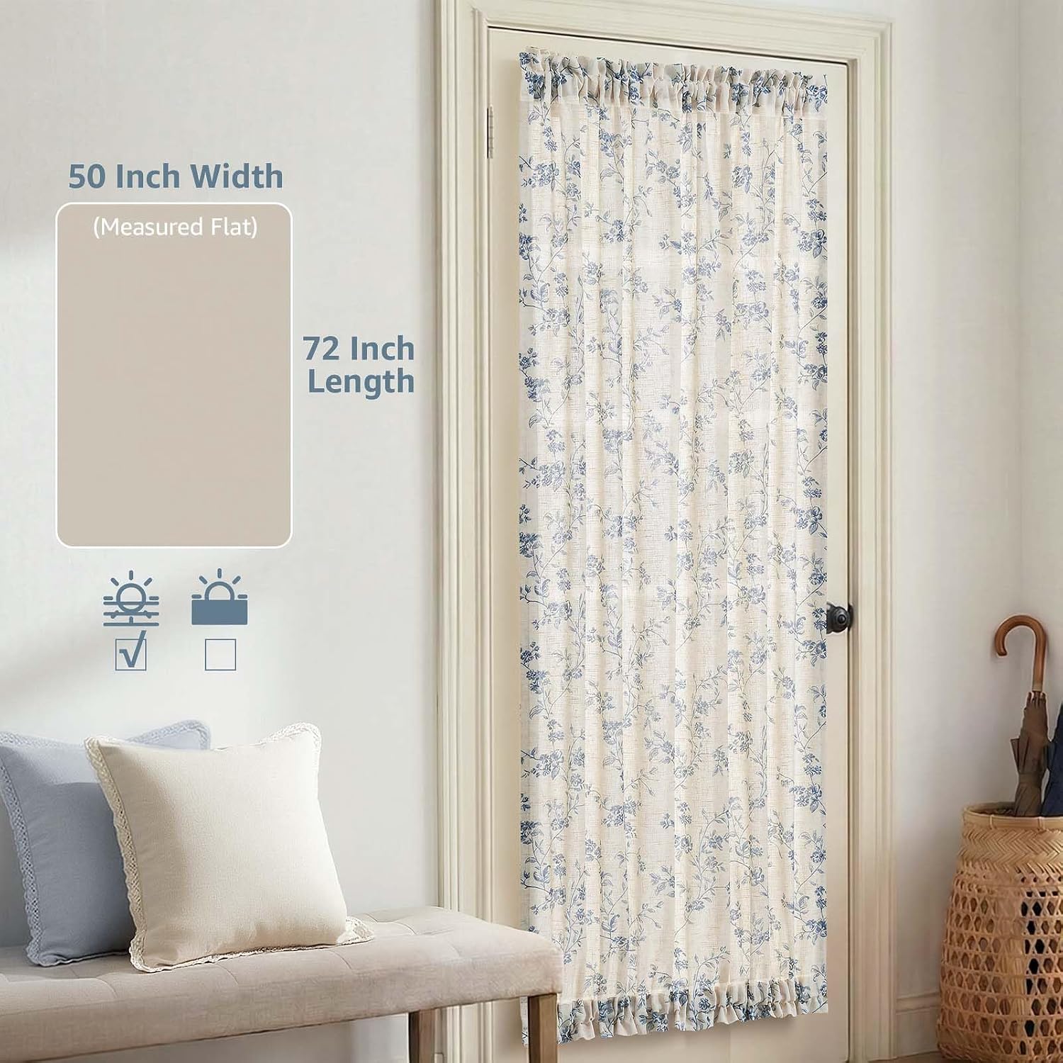 jinchan Floral French Door Curtain Panel Farmhouse Decor Light Filtering Linen with Tie Up Bow for Glass Door or Patio 72 Inch Length Rod Pocket 1 Panel Blue on Linen