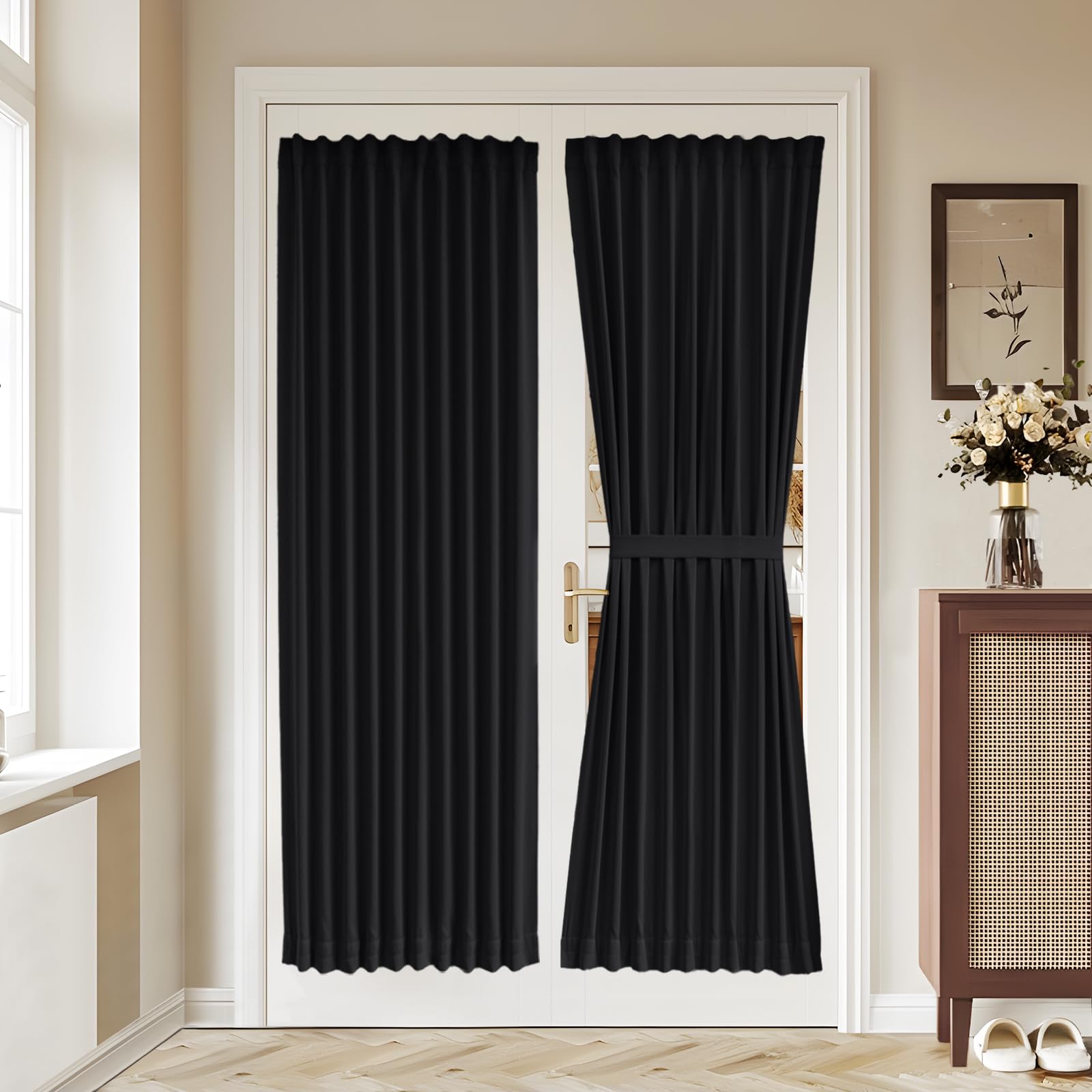 Vatge Self-Adhesive French Door Curtains - Rodless No Drill Light Filtering Window Treatment for Sliding Glass Doors, 1 Panel, W25 x L72, Greyish White
