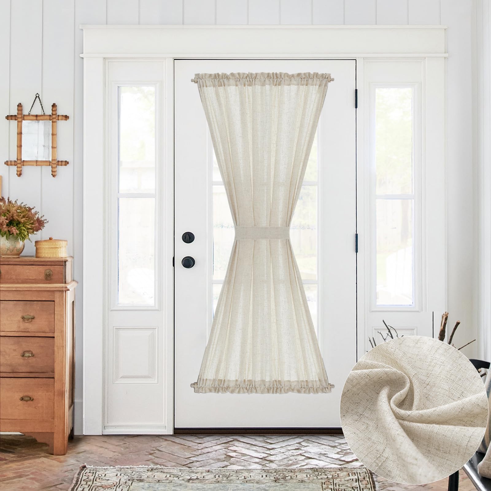 jinchan Floral French Door Curtain Panel Farmhouse Decor Light Filtering Linen with Tie Up Bow for Glass Door or Patio 72 Inch Length Rod Pocket 1 Panel Blue on Linen