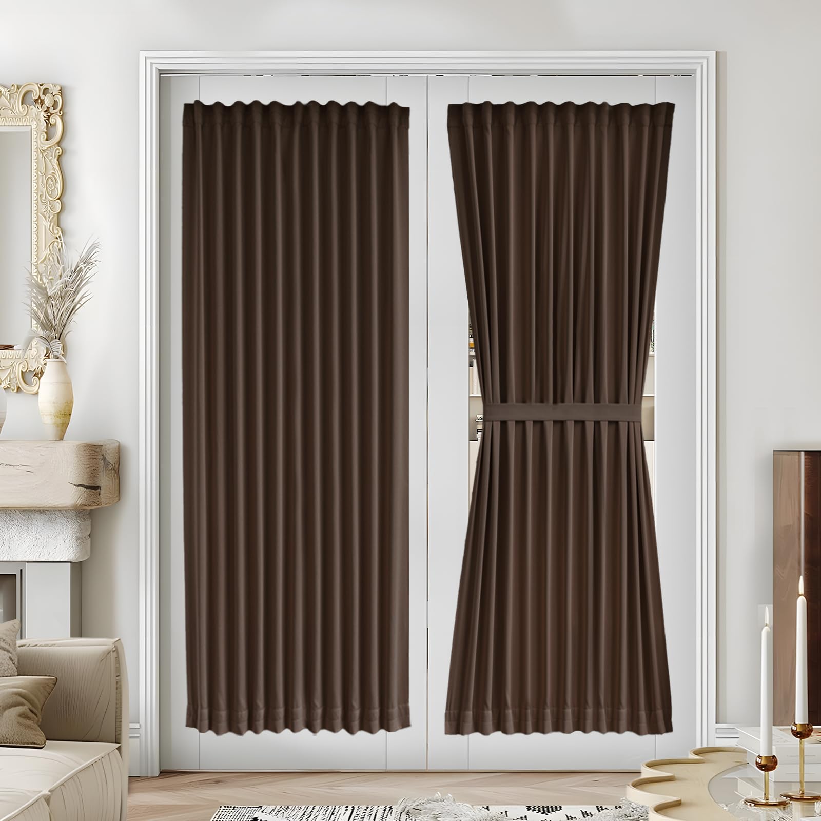 Vatge Self-Adhesive French Door Curtains - Rodless No Drill Light Filtering Window Treatment for Sliding Glass Doors, 1 Panel, W25 x L72, Greyish White