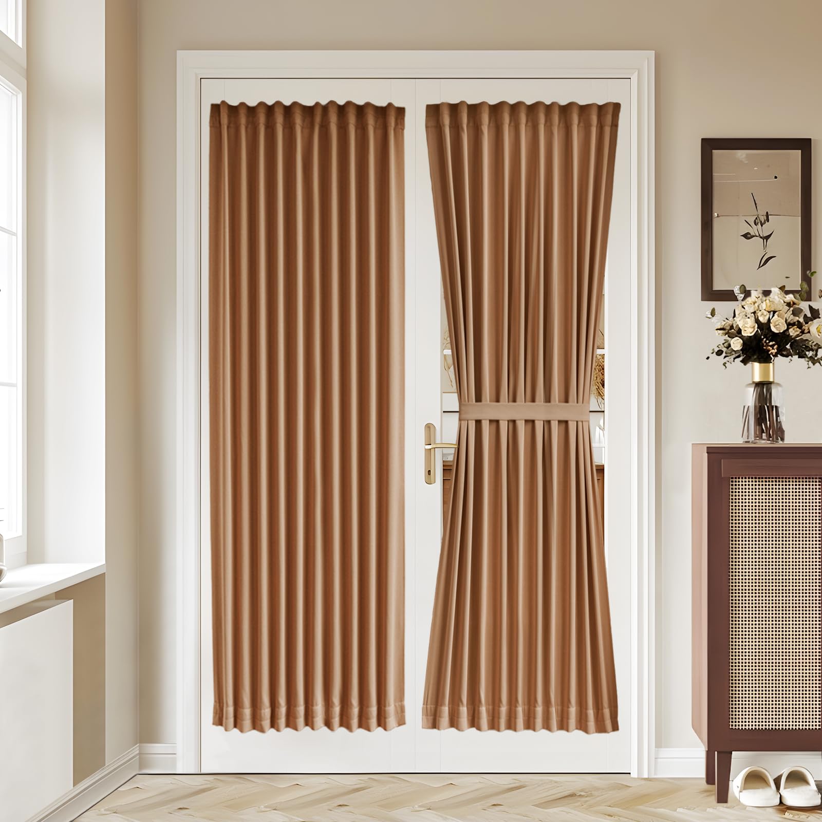 Vatge Self-Adhesive French Door Curtains - Rodless No Drill Light Filtering Window Treatment for Sliding Glass Doors, 1 Panel, W25 x L72, Greyish White