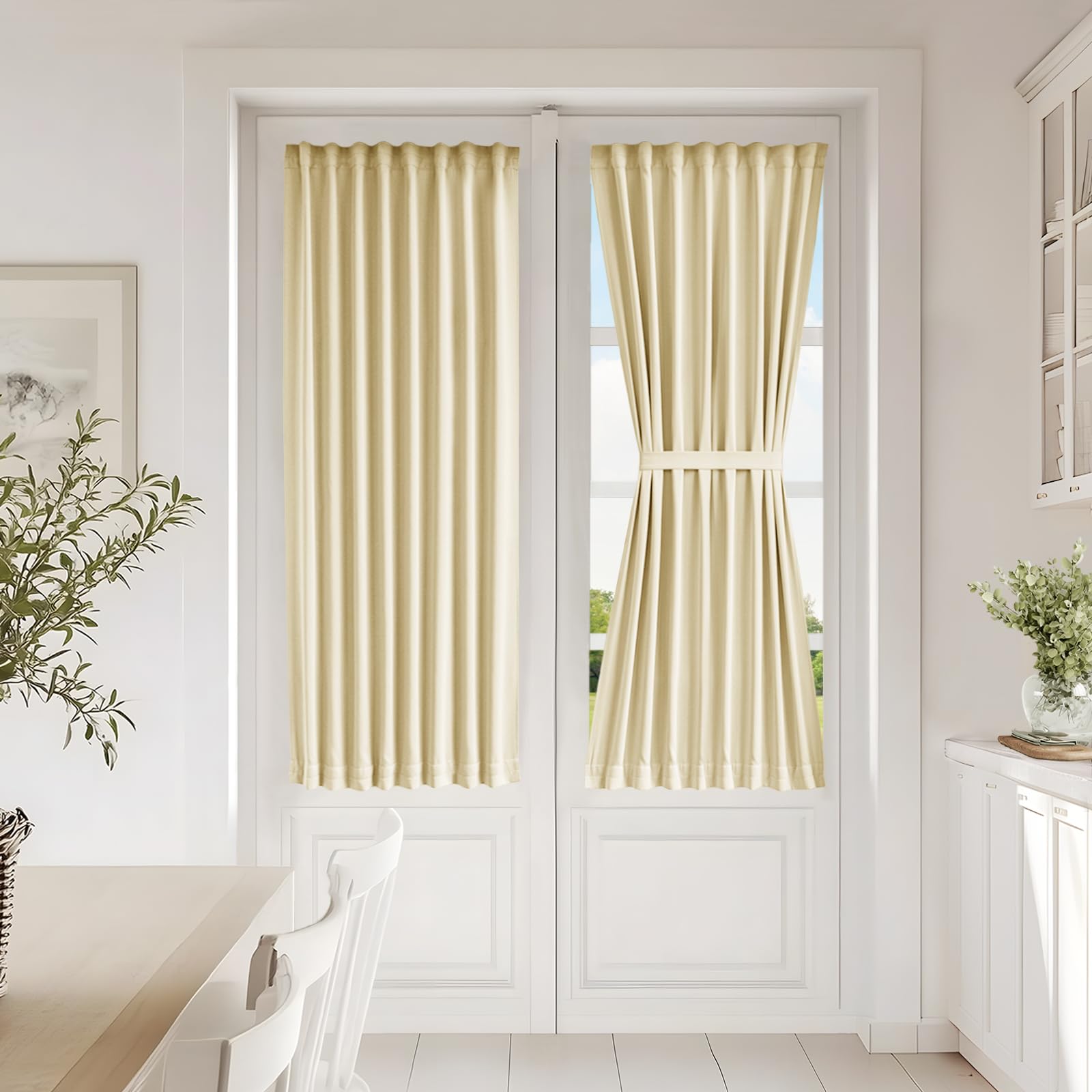 Vatge Self-Adhesive French Door Curtains - Rodless No Drill Light Filtering Window Treatment for Sliding Glass Doors, 1 Panel, W25 x L72, Greyish White