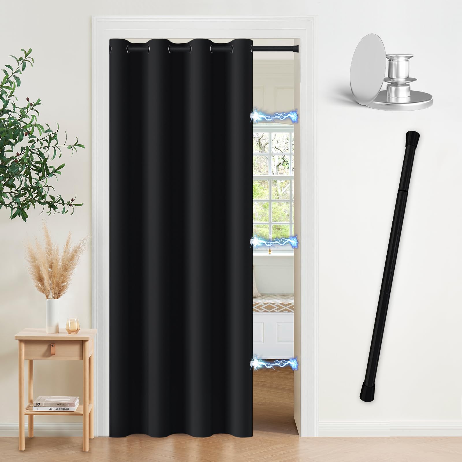Vatge Magnetic Closet Curtain with Rod - W42 x L80, 1 Panel, Gray, Room Darkening Privacy Doorway Curtains for Open Bedroom, Temporary Door for Hallway
