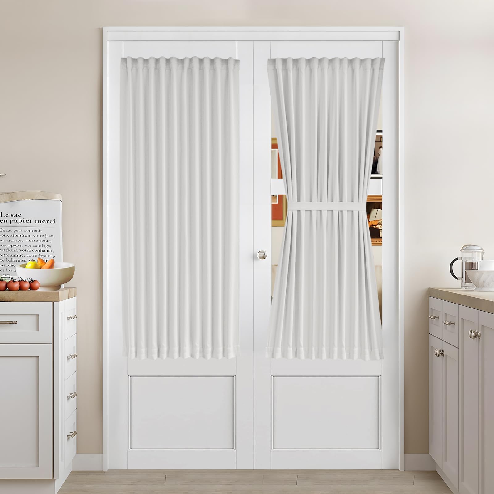 Vatge Self-Adhesive French Door Curtains - Rodless No Drill Light Filtering Window Treatment for Sliding Glass Doors, 1 Panel, W25 x L72, Greyish White