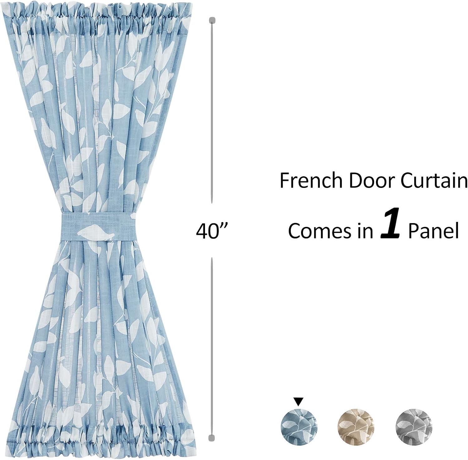 Treatmentex French Door Curtain Panels 40" Blue White Leaf Design Glass Door Curtain Not See Through Linen Textured Semi Sheer Curtain Fabric 52" w 1 Pcs