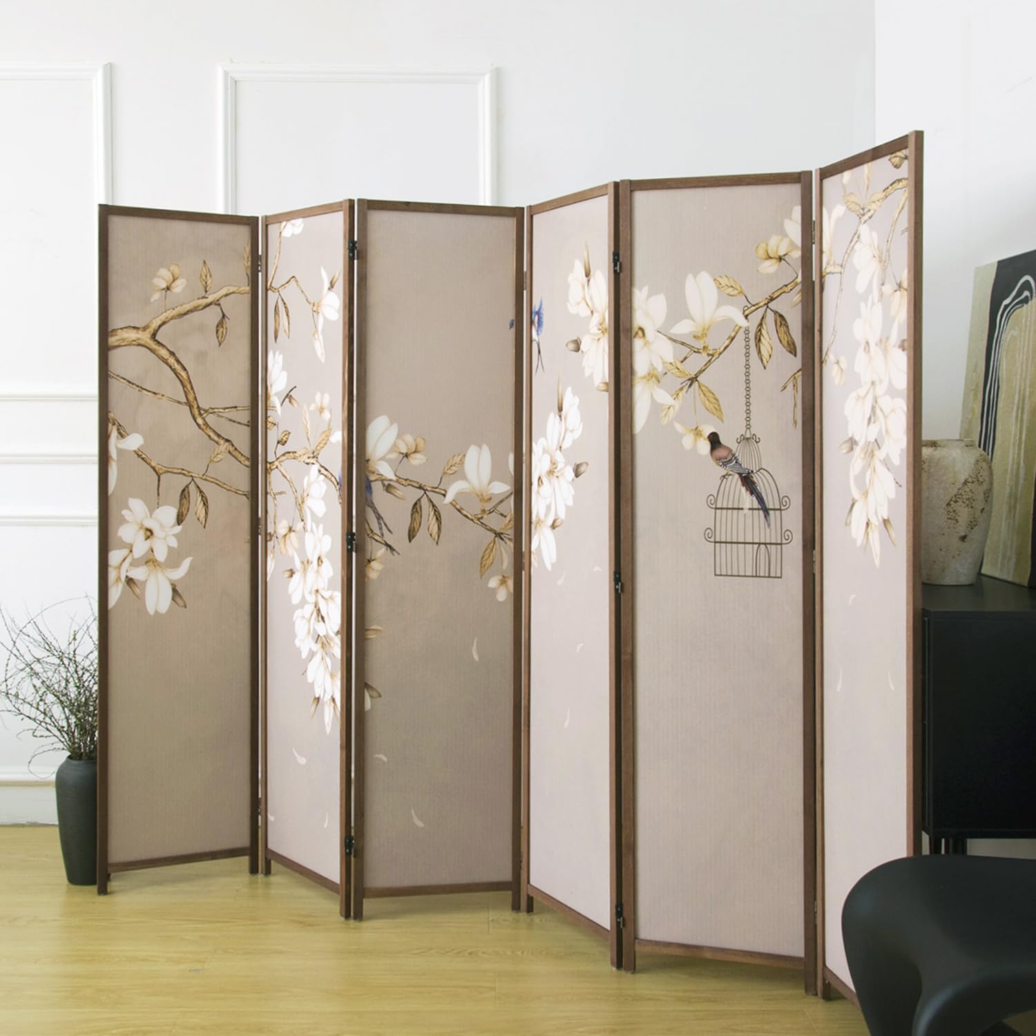 4 Panel Room Divider, 5.6 ft Tall Blackout Folding Privacy Screen - Freestanding Partition Wall with Double-Sided Patterns, Graceful Floral and Bird Artwork for Home Office (67" H x 63" W)