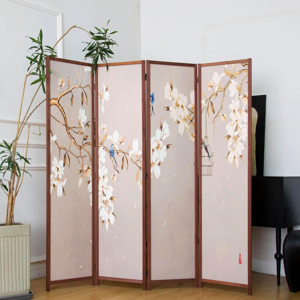 4 Panel Room Divider, 5.6 ft Tall Blackout Folding Privacy Screen - Freestanding Partition Wall with Double-Sided Patterns, Graceful Floral and Bird Artwork for Home Office (67" H x 63" W)