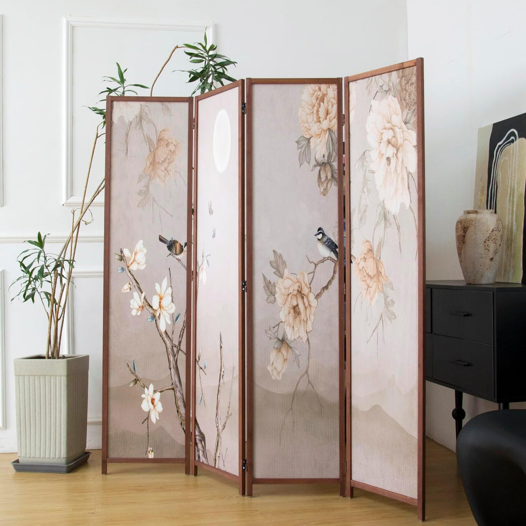 4 Panel Room Divider, 5.6 ft Tall Blackout Folding Privacy Screen - Freestanding Partition Wall with Double-Sided Patterns, Graceful Floral and Bird Artwork for Home Office (67" H x 63" W)