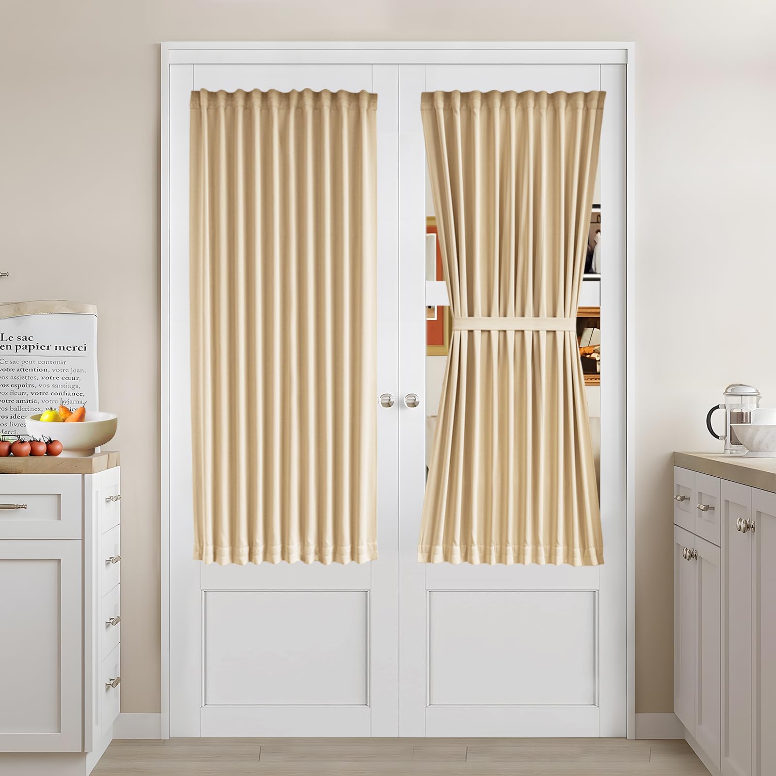 Vatge Self-Adhesive French Door Curtains - Rodless No Drill Light Filtering Window Treatment for Sliding Glass Doors, 1 Panel, W25 x L72, Greyish White