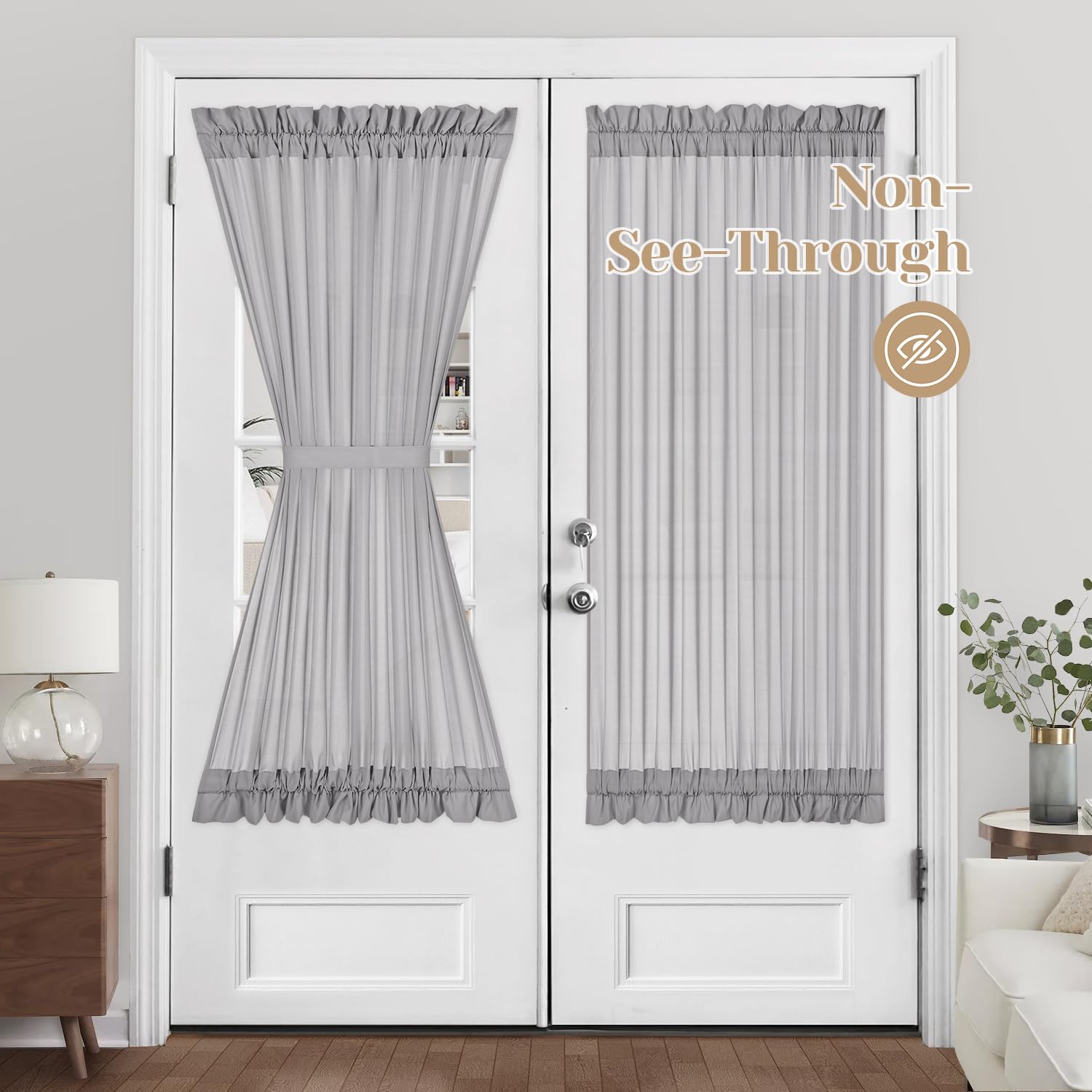 HOMEIDEAS Non-See-Through French Door Curtains Set of 2 for Front Door, Light Filtering Privacy Semi Sheer Window Curtains with Rod Pocket and Tie Back, Beige/Taupe, 26W X 72L Inch