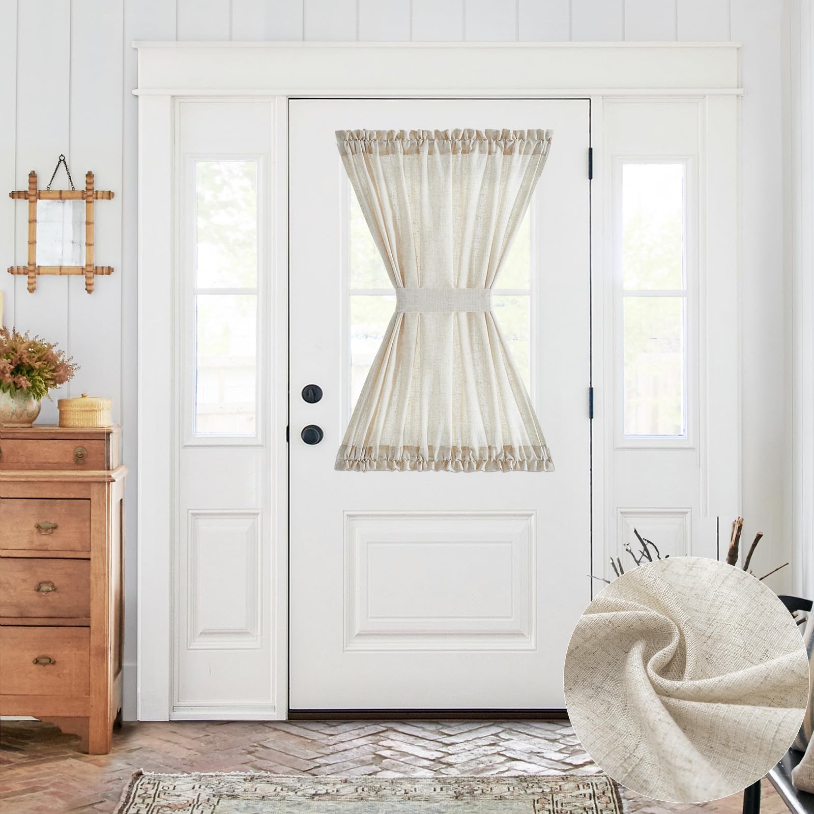 jinchan Floral French Door Curtain Panel Farmhouse Decor Light Filtering Linen with Tie Up Bow for Glass Door or Patio 72 Inch Length Rod Pocket 1 Panel Blue on Linen