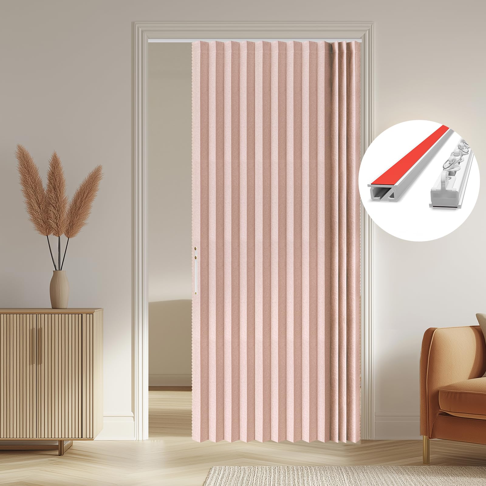 AJAZZ 100% Blackout Accordion Door Front Door Curtain Invisible Folding Doors Interior for Bedroom Living Room Doorway Curtain Sets Included Tracks (1Panel, 53W x 79 L, Black)