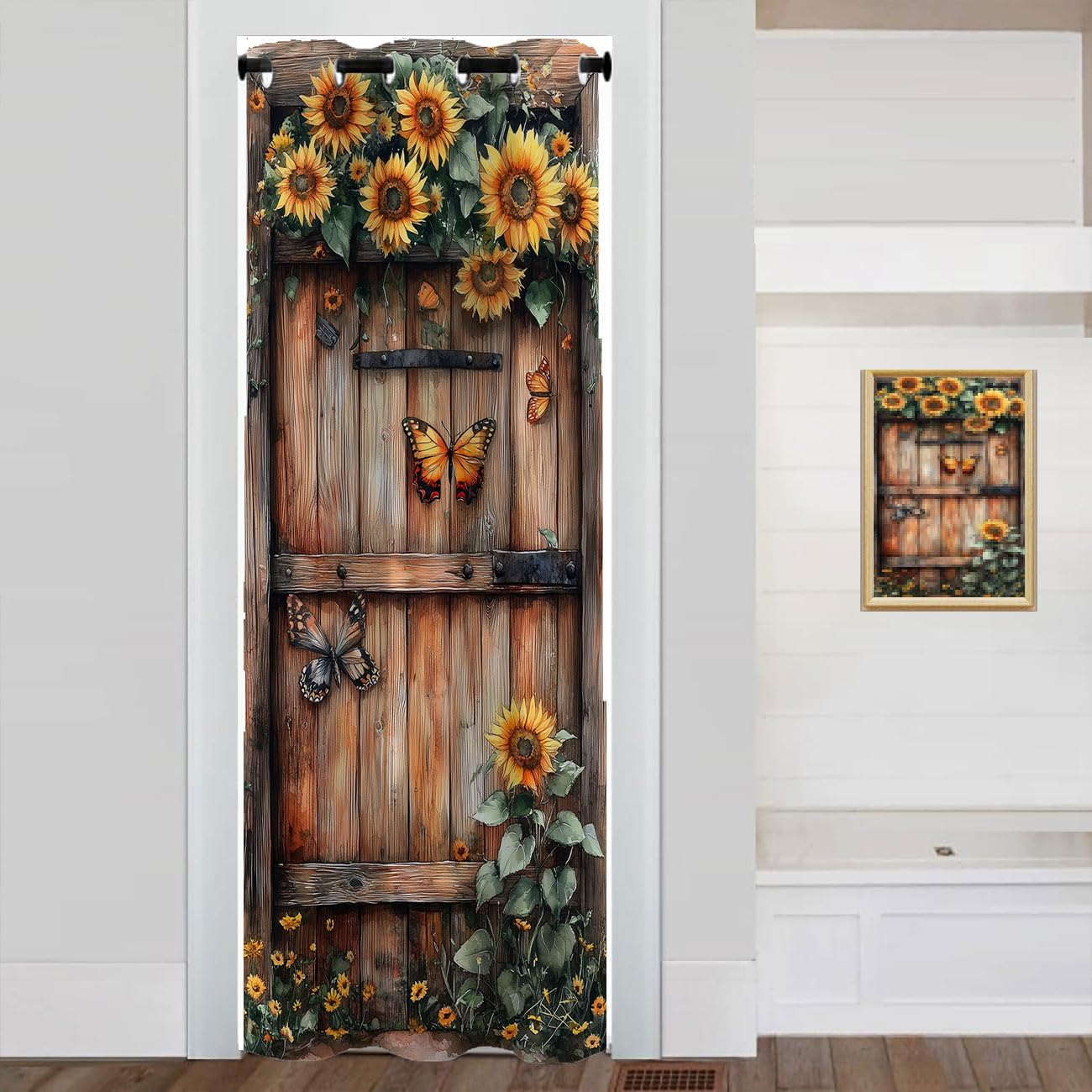Wooden Barn Door Door Curtain for Doorway Privacy Sunflower Flowers Butterfly Country Closet Door Cover Curtain for Darkening Door Drape for Kid Teens Boys Teens, 1 Panel 34" W X 80" L