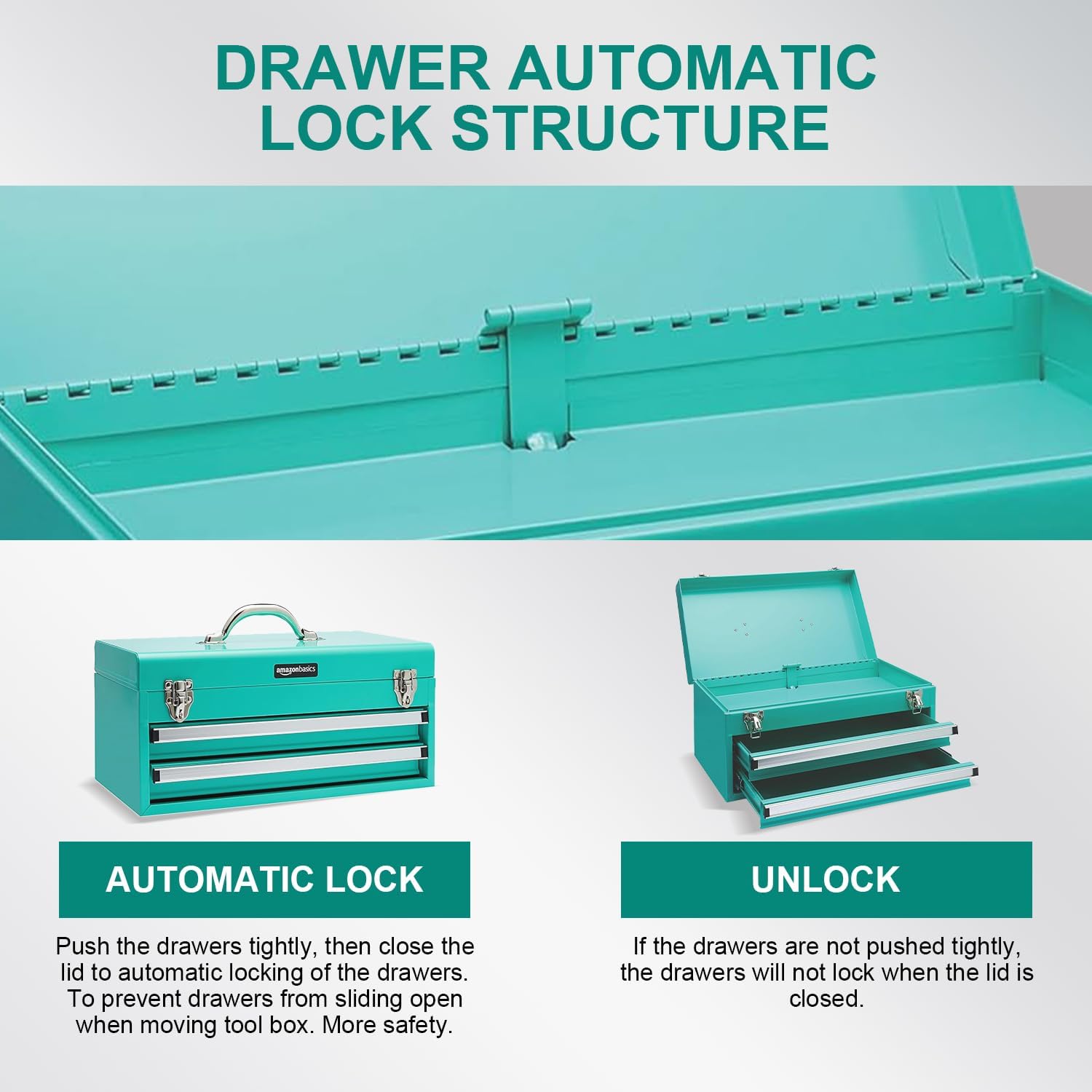 Amazon Basics Metal Tool Box with Drawers, Storage and Organization Tool Chest, Powder Coat Finish, 18.1 x 8.7 x 9.5 in, Turquoise