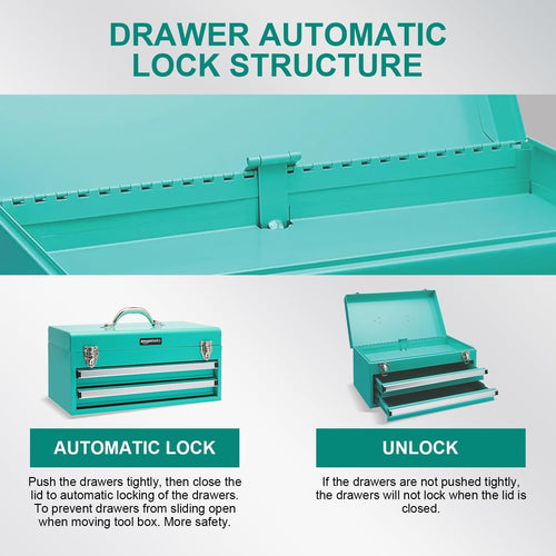 Amazon Basics Metal Tool Box with Drawers, Storage and Organization Tool Chest, Powder Coat Finish, 18.1 x 8.7 x 9.5 in, Turquoise