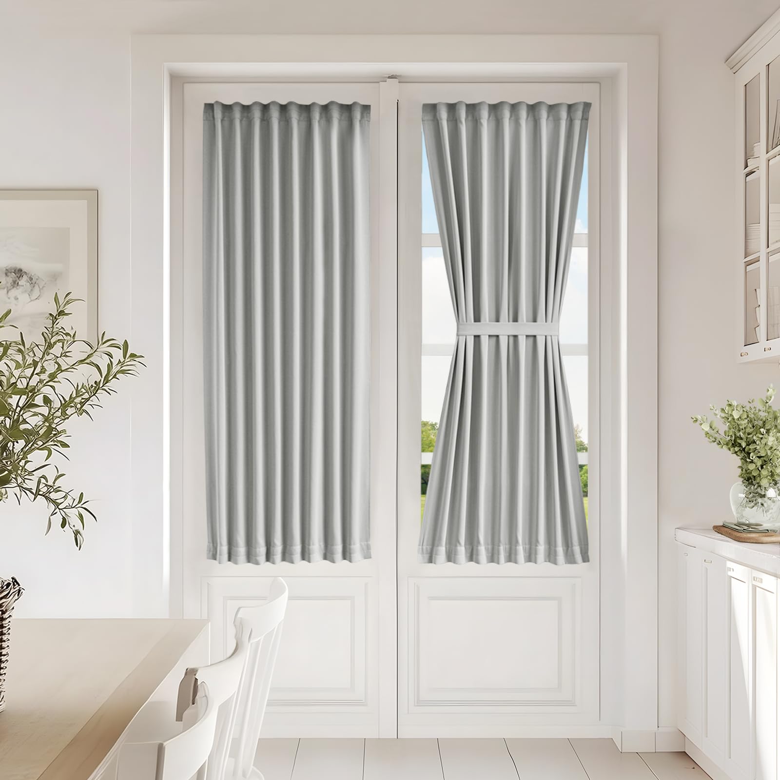 Vatge Self-Adhesive French Door Curtains - Rodless No Drill Light Filtering Window Treatment for Sliding Glass Doors, 1 Panel, W25 x L72, Greyish White